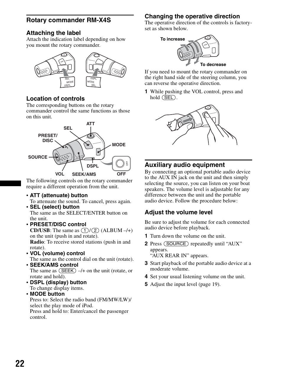 Rotary commander rm-x4s, Auxiliary audio equipment, Rotary commander rm-x4s auxiliary audio equipment | Attaching the label, Location of controls, Changing the operative direction, Adjust the volume level | Sony CDX-HR910UI User Manual | Page 22 / 168