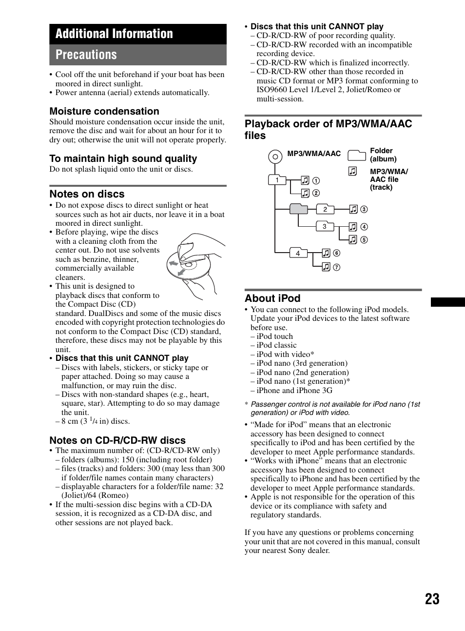 Additional information, Precautions, Notes on discs | Playback order of mp3/wma/aac files, About ipod, Additional information precautions | Sony CDX-HR910UI User Manual | Page 23 / 168