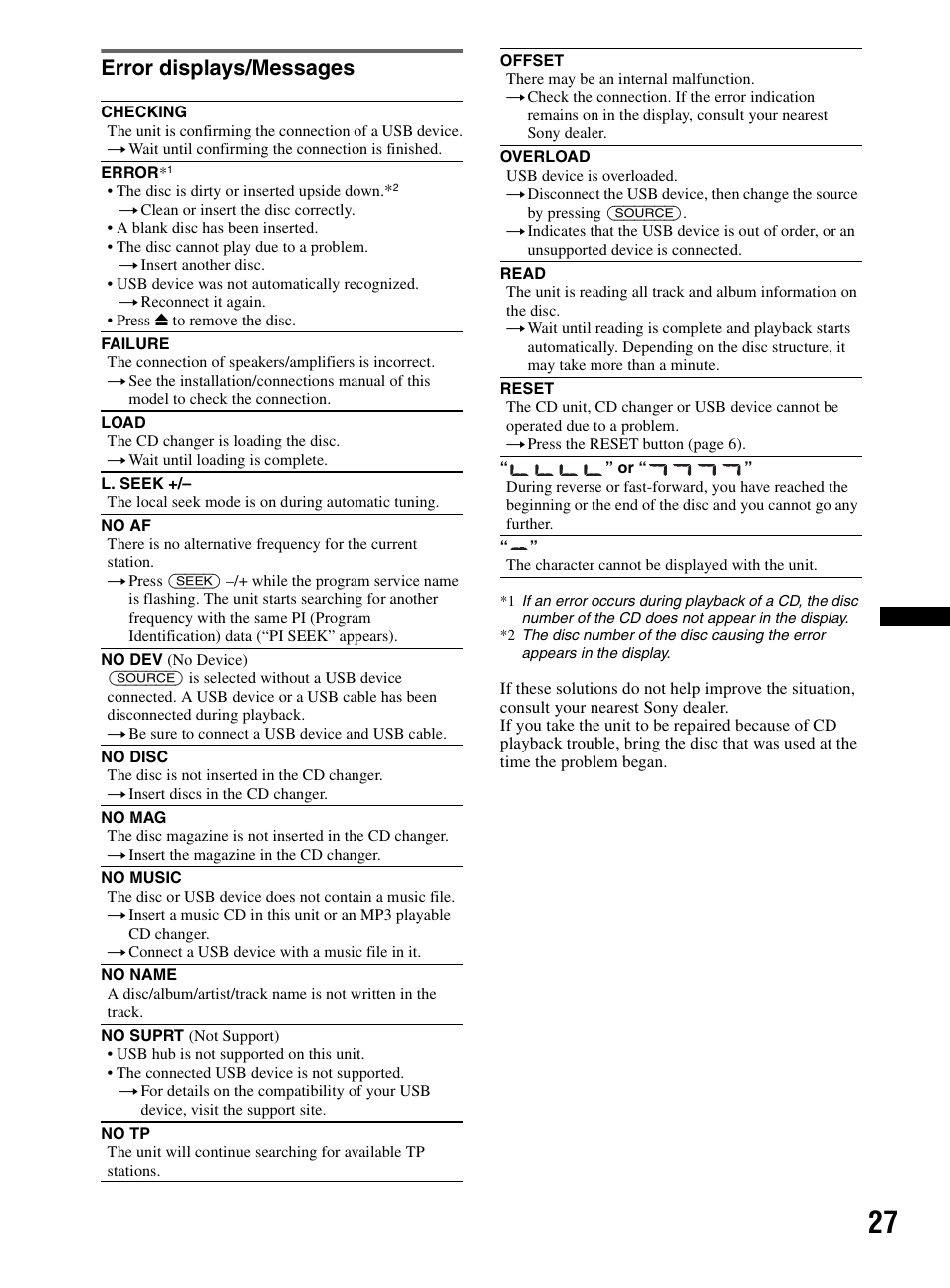 Error displays/messages | Sony CDX-HR910UI User Manual | Page 27 / 168