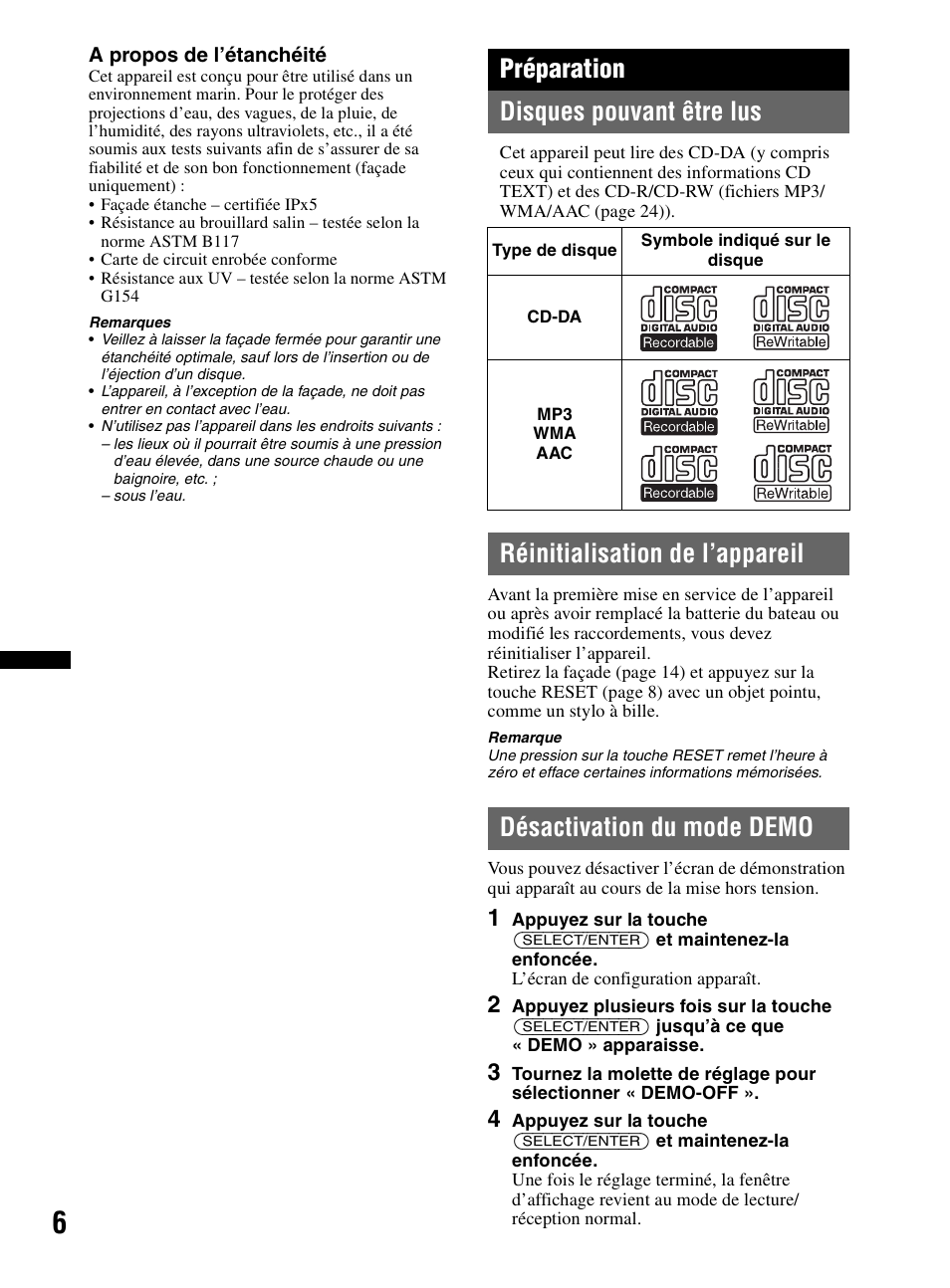 Préparation, Disques pouvant être lus, Réinitialisation de l’appareil | Désactivation du mode demo, Préparation disques pouvant être lus | Sony CDX-HR910UI User Manual | Page 32 / 168