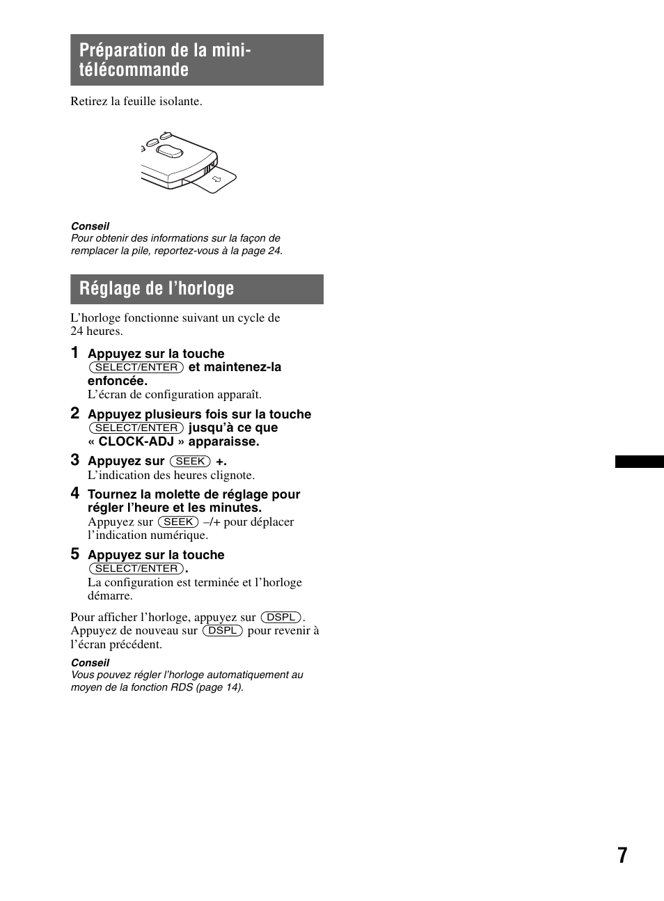 Préparation de la mini- télécommande, Réglage de l’horloge | Sony CDX-HR910UI User Manual | Page 33 / 168