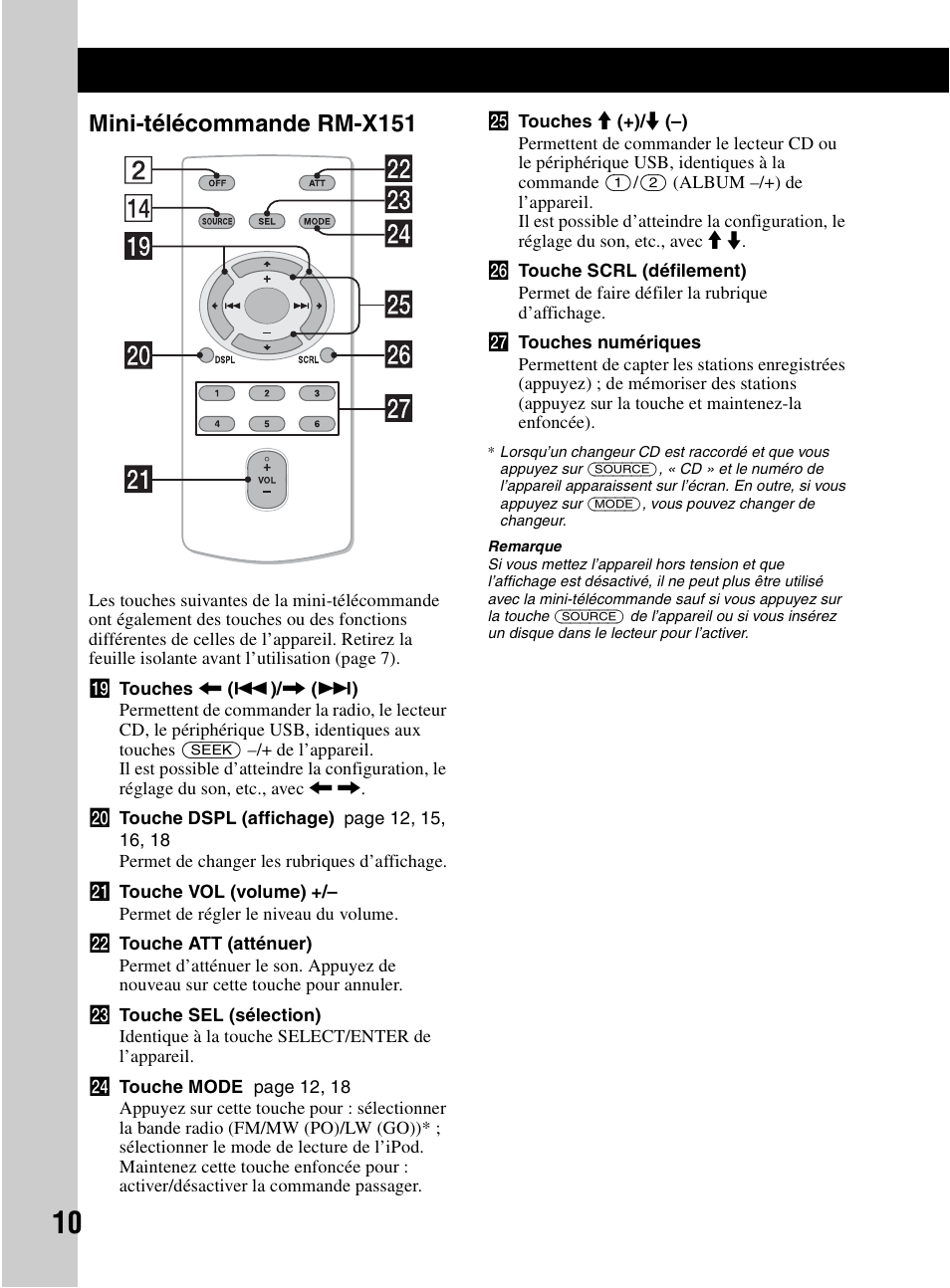 Mini-télécommande rm-x151 | Sony CDX-HR910UI User Manual | Page 36 / 168