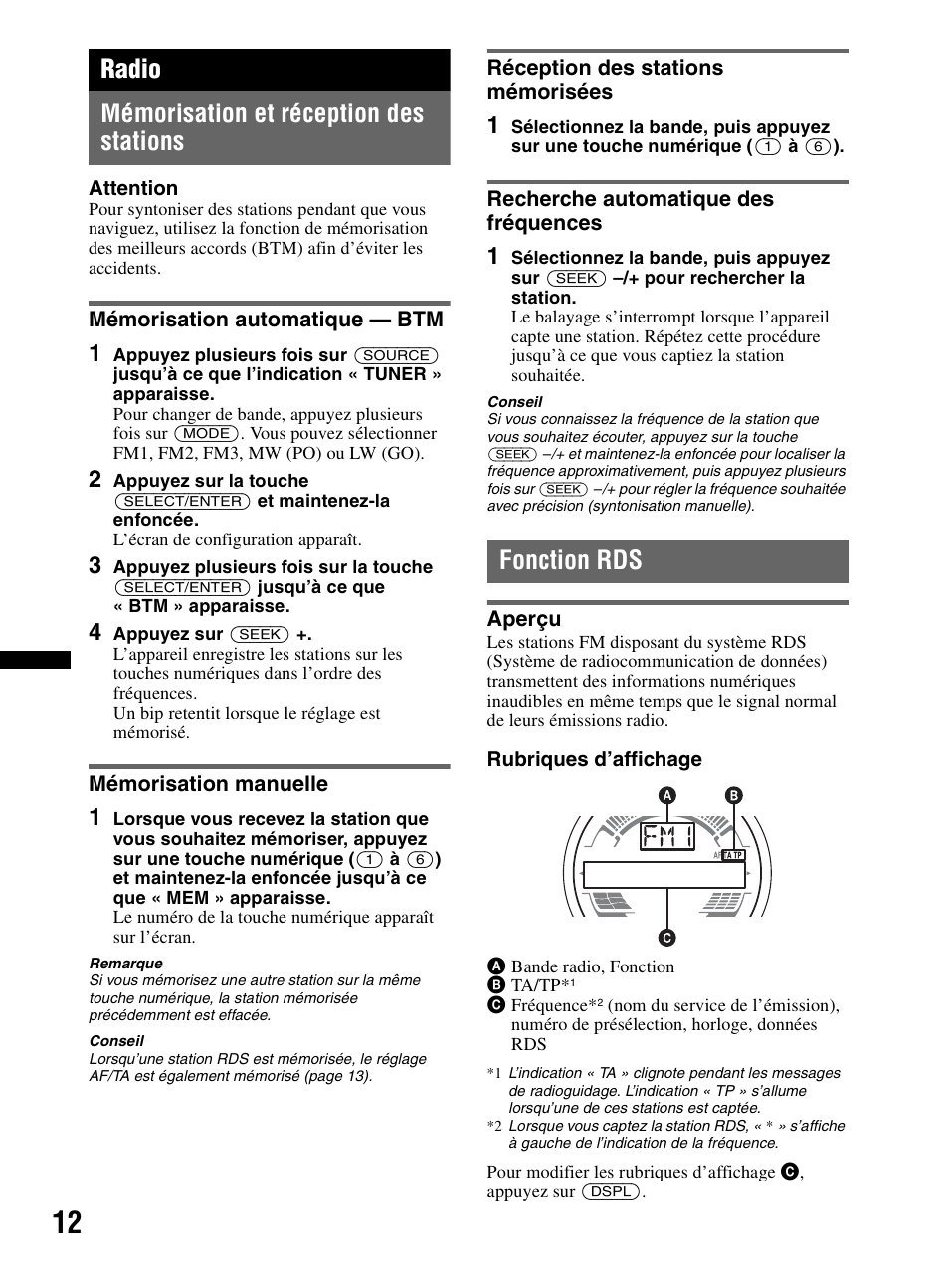 Radio, Mémorisation et réception des stations, Mémorisation automatique - btm | Mémorisation manuelle, Réception des stations mémorisées, Recherche automatique des fréquences, Fonction rds, Aperçu, Radio mémorisation et réception des stations | Sony CDX-HR910UI User Manual | Page 38 / 168