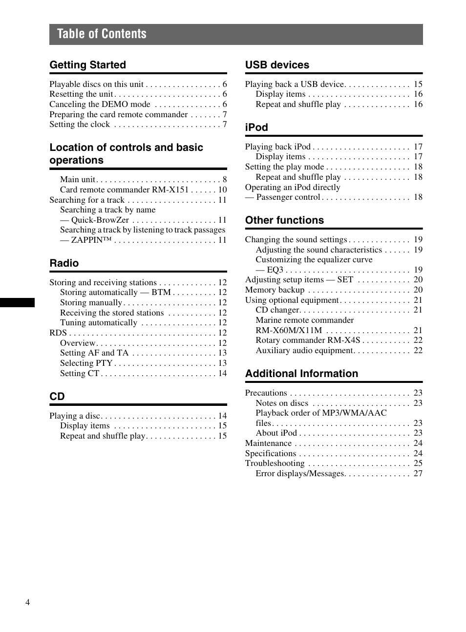 Sony CDX-HR910UI User Manual | Page 4 / 168