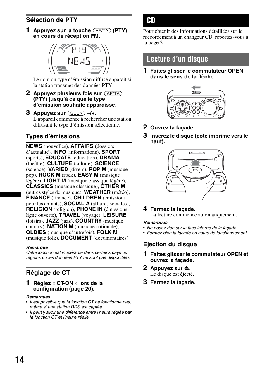 Sélection de pty, Réglage de ct, Lecture d’un disque | Sélection de pty réglage de ct | Sony CDX-HR910UI User Manual | Page 40 / 168