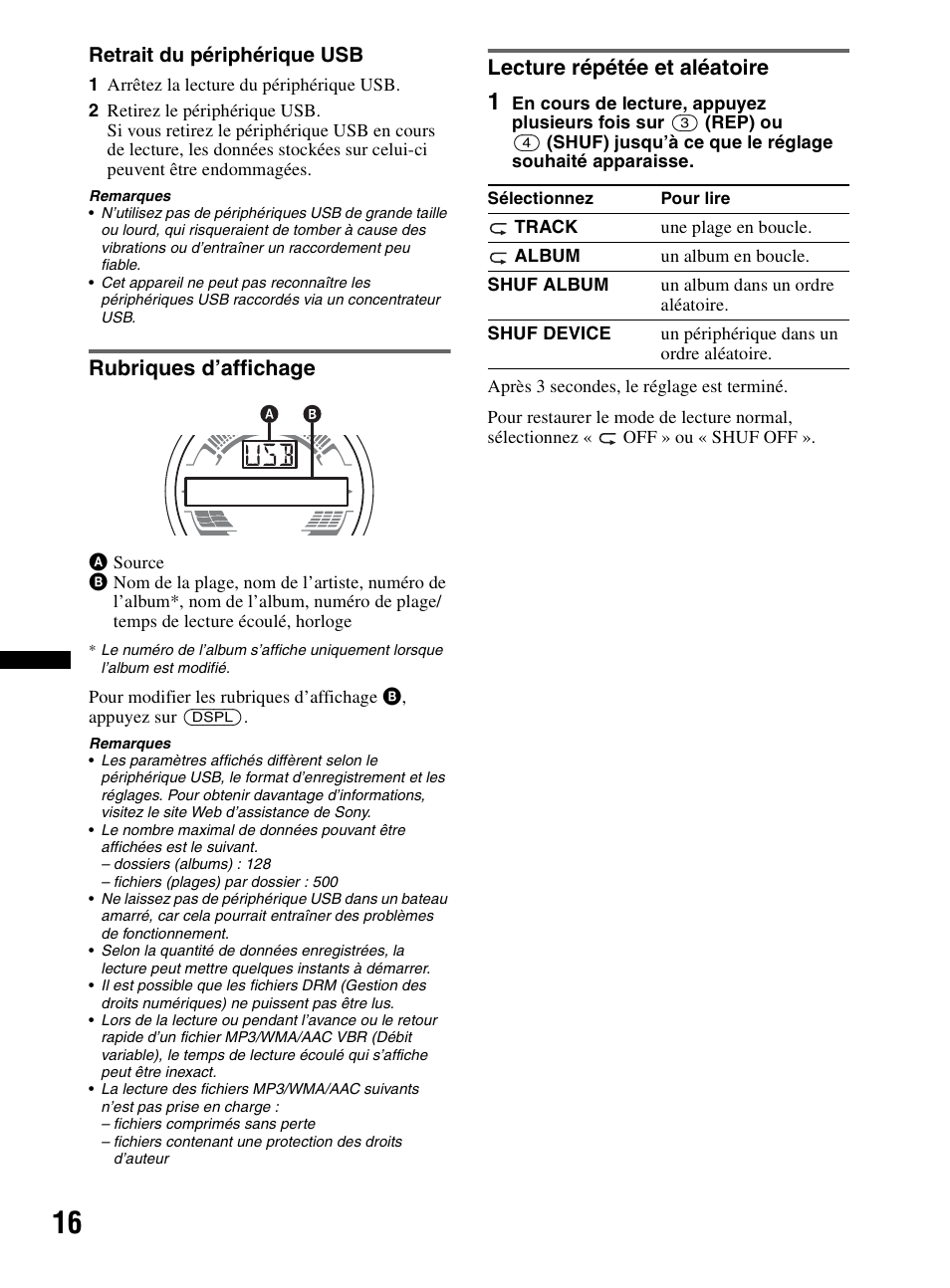 Rubriques d’affichage, Lecture répétée et aléatoire, Rubriques d’affichage lecture répétée et aléatoire | Sony CDX-HR910UI User Manual | Page 42 / 168