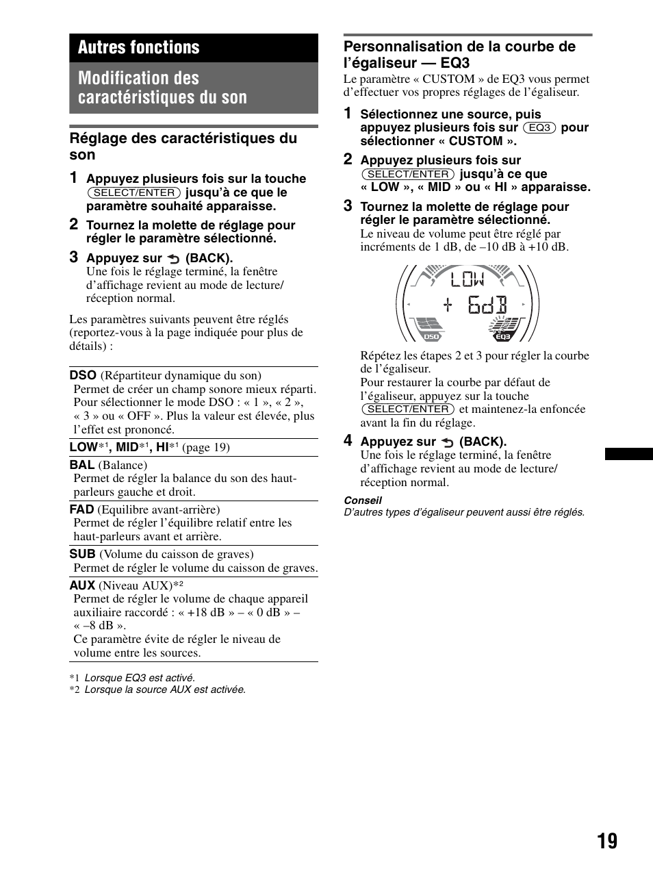 Autres fonctions, Modification des caractéristiques du son, Réglage des caractéristiques du son | Personnalisation de la courbe de l’égaliseur - eq3 | Sony CDX-HR910UI User Manual | Page 45 / 168