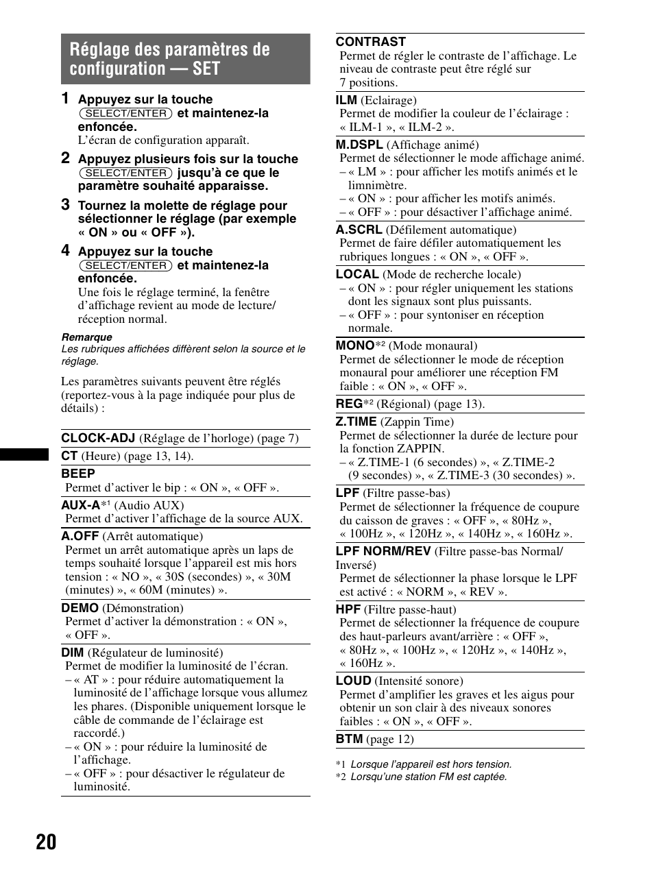 Réglage des paramètres de configuration - set, Réglage des paramètres de configuration — set | Sony CDX-HR910UI User Manual | Page 46 / 168