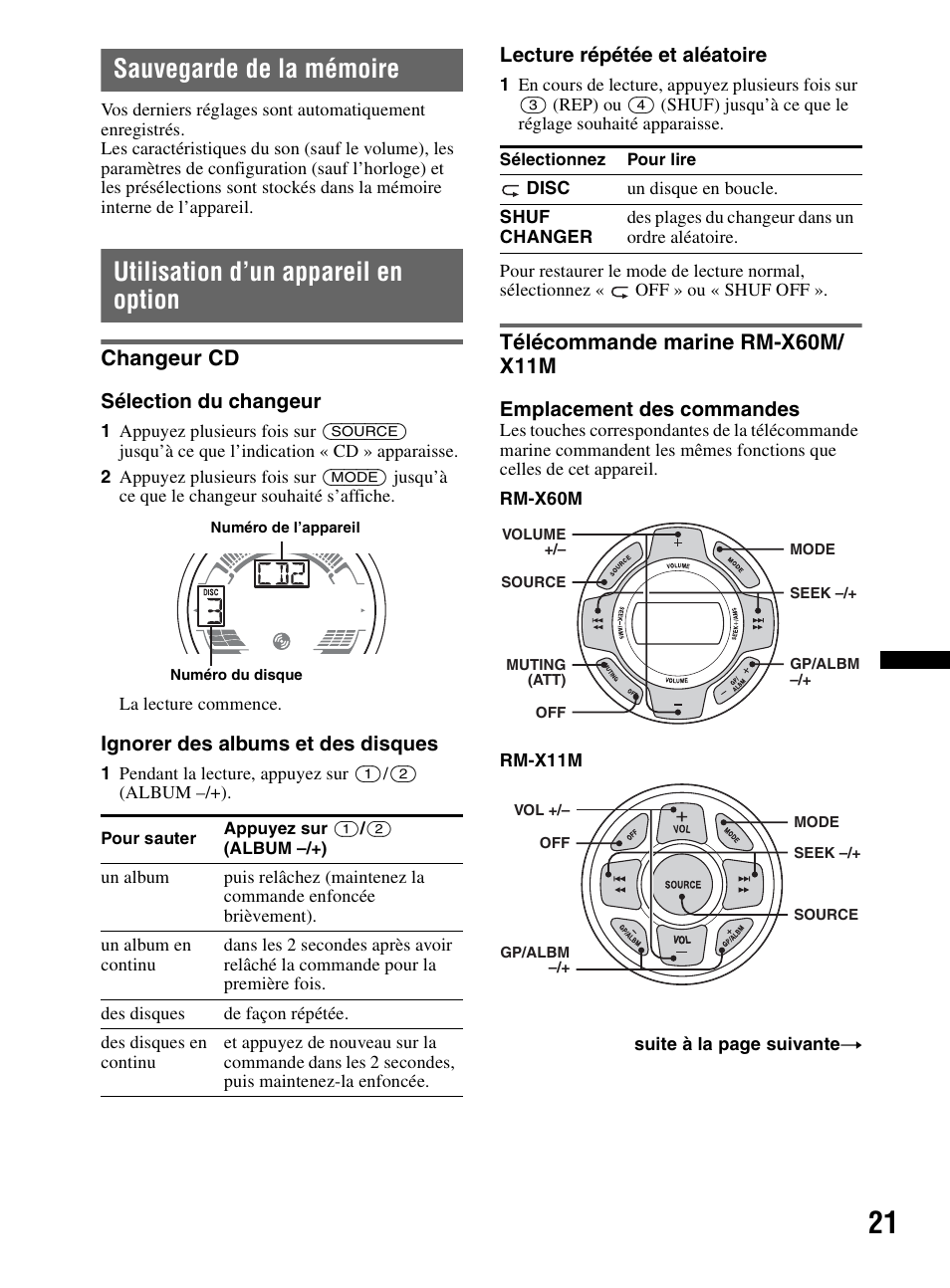 Sauvegarde de la mémoire, Utilisation d’un appareil en option, Changeur cd | Télécommande marine rm-x60m/ x11m, Changeur cd télécommande marine rm-x60m/x11m | Sony CDX-HR910UI User Manual | Page 47 / 168