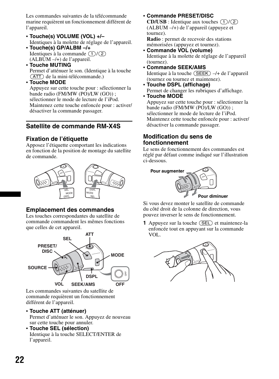 Satellite de commande rm-x4s, Fixation de l’étiquette, Emplacement des commandes | Modification du sens de fonctionnement | Sony CDX-HR910UI User Manual | Page 48 / 168