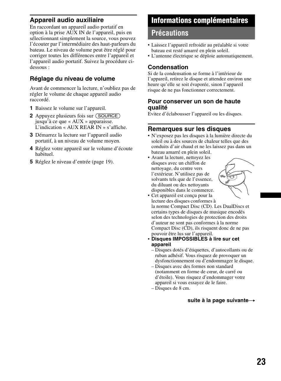 Appareil audio auxiliaire, Informations complémentaires, Précautions | Remarques sur les disques, Informations complémentaires précautions | Sony CDX-HR910UI User Manual | Page 49 / 168