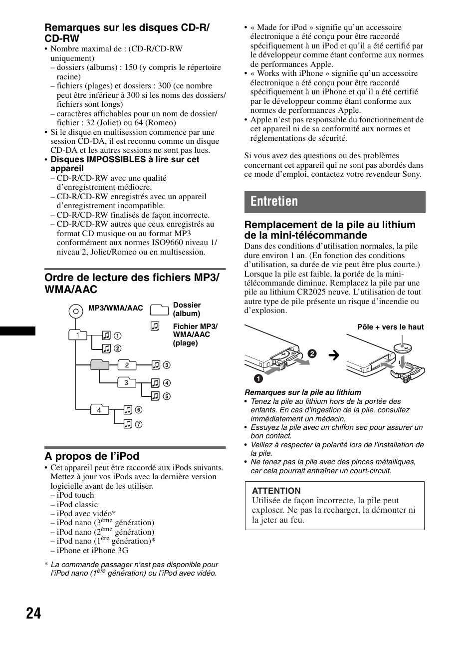 Ordre de lecture des fichiers mp3/ wma/aac, A propos de l’ipod, Entretien | Sony CDX-HR910UI User Manual | Page 50 / 168