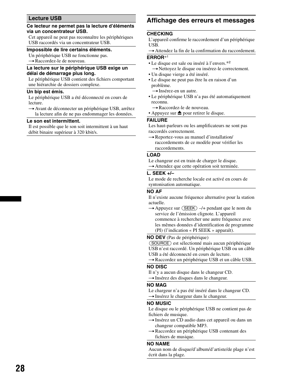 Affichage des erreurs et messages | Sony CDX-HR910UI User Manual | Page 54 / 168