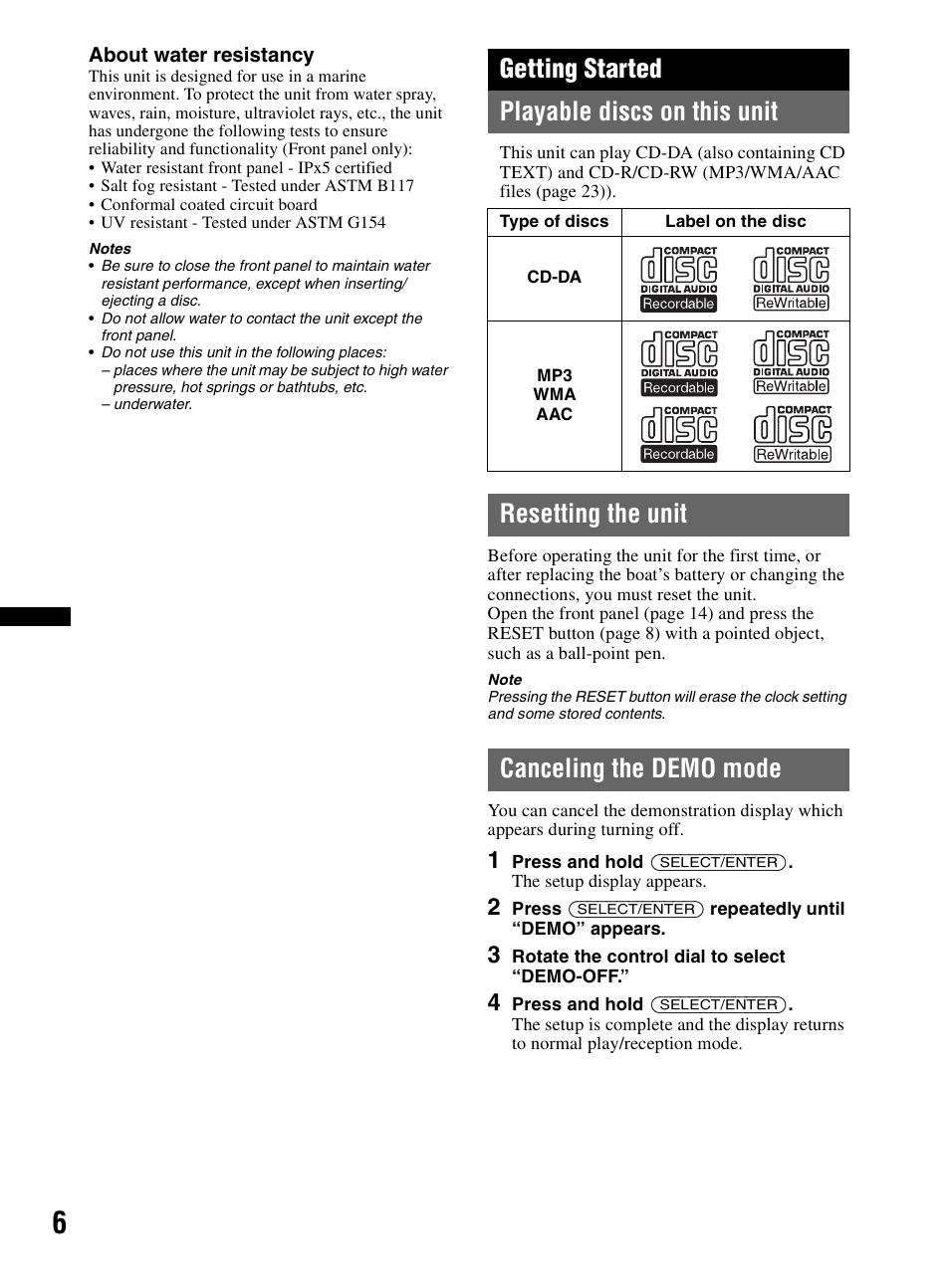 Getting started, Playable discs on this unit, Resetting the unit | Canceling the demo mode, Getting started playable discs on this unit | Sony CDX-HR910UI User Manual | Page 6 / 168