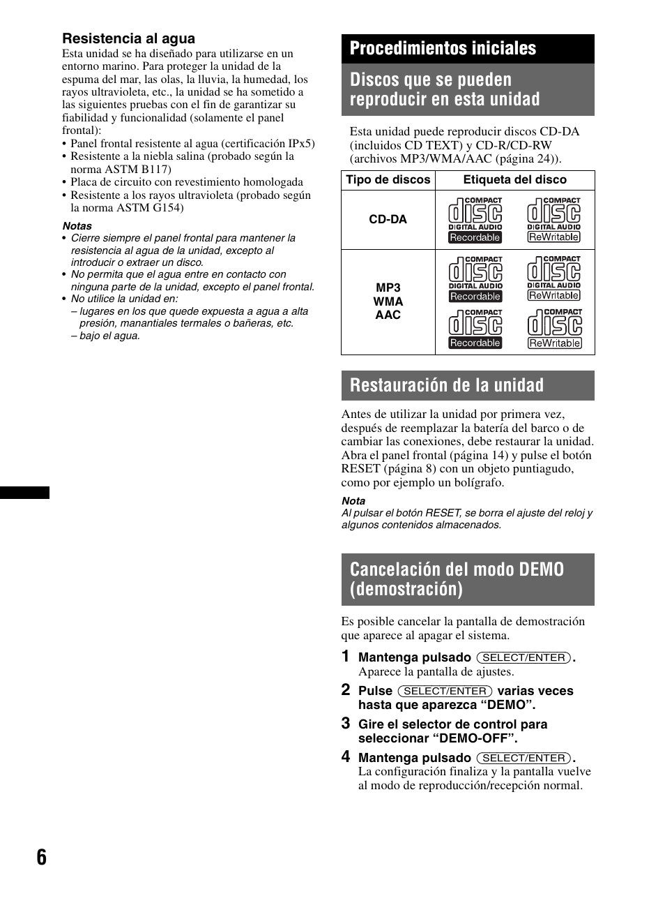 Procedimientos iniciales, Discos que se pueden reproducir en esta unidad, Restauración de la unidad | Cancelación del modo demo (demostración) | Sony CDX-HR910UI User Manual | Page 60 / 168