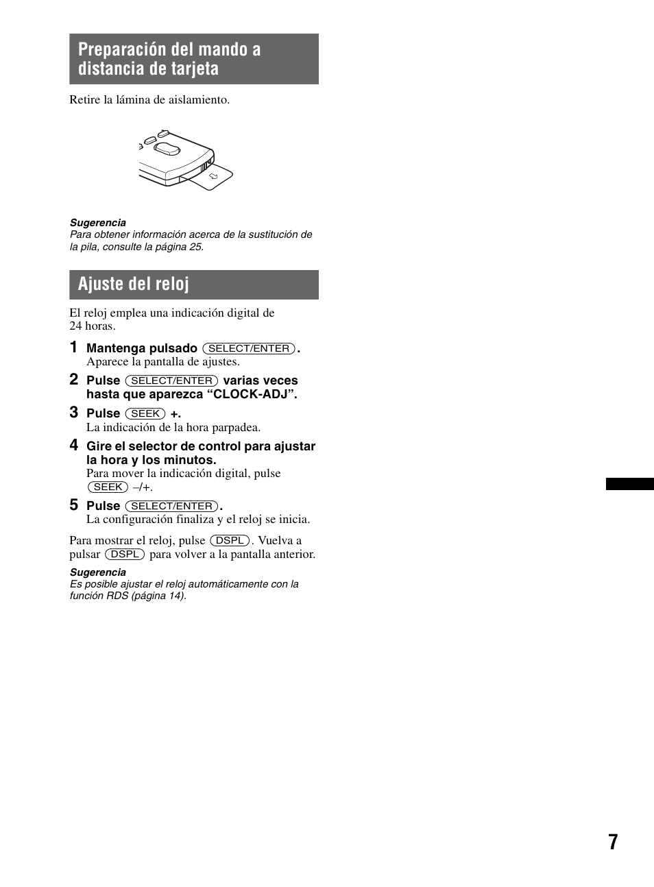 Preparación del mando a distancia de tarjeta, Ajuste del reloj | Sony CDX-HR910UI User Manual | Page 61 / 168