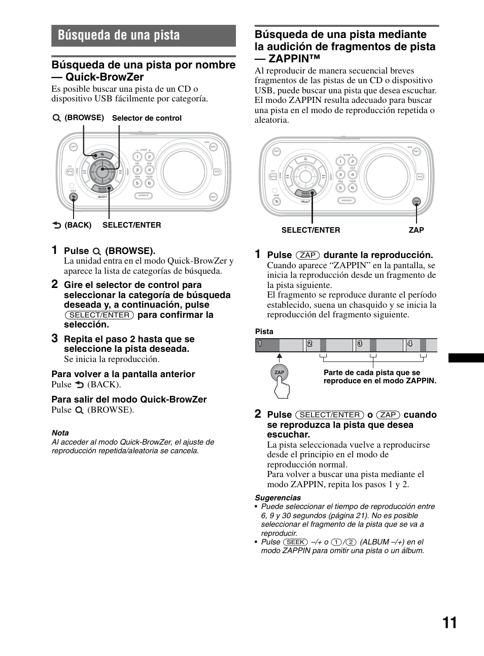 Búsqueda de una pista, Búsqueda de una pista por nombre - quick-browzer, Búsqueda de una pista por nombre — quick-browzer | Browse) selector de control (back) select/enter, Zap select/enter | Sony CDX-HR910UI User Manual | Page 65 / 168