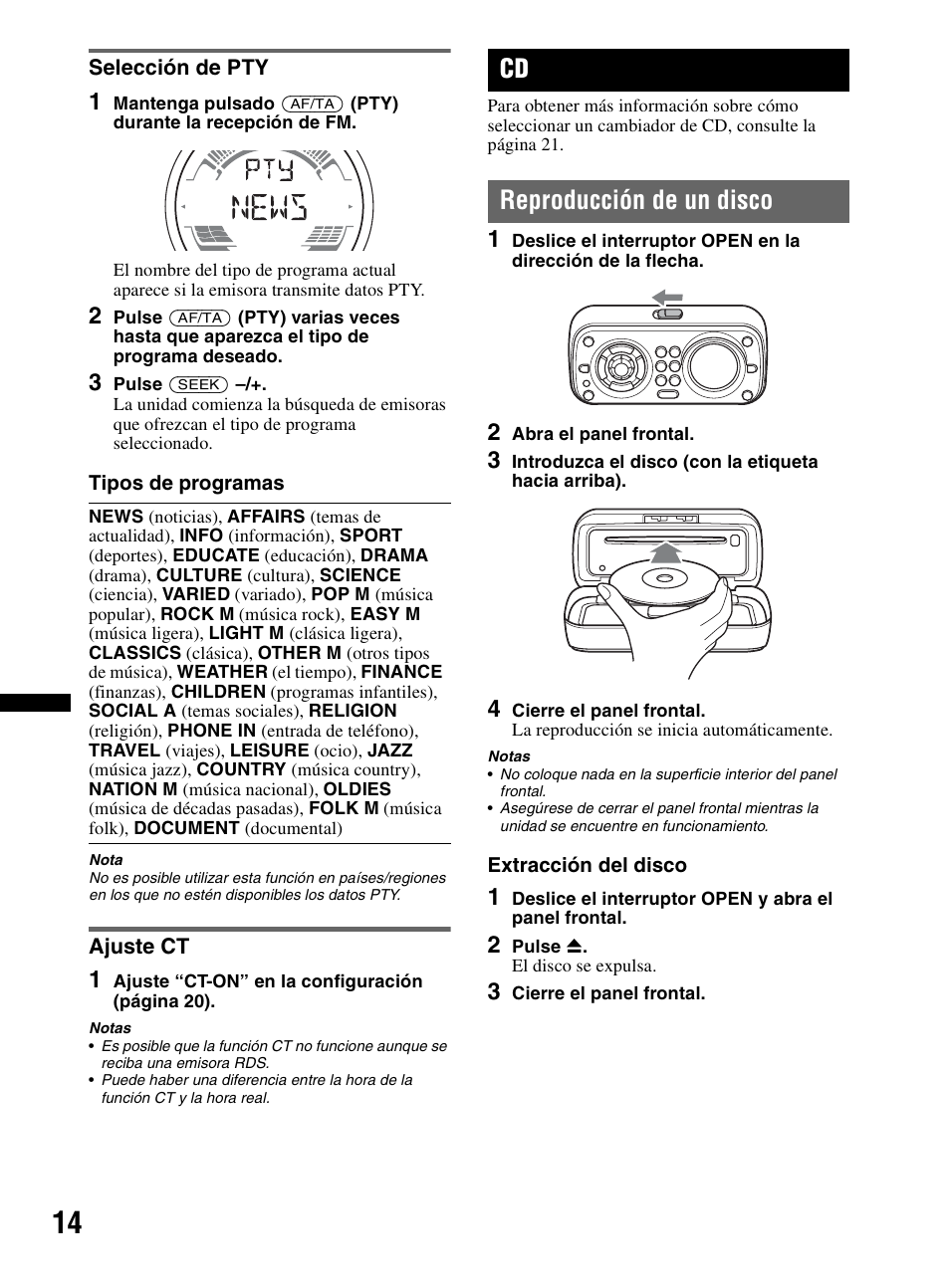 Selección de pty, Ajuste ct, Reproducción de un disco | Selección de pty ajuste ct | Sony CDX-HR910UI User Manual | Page 68 / 168