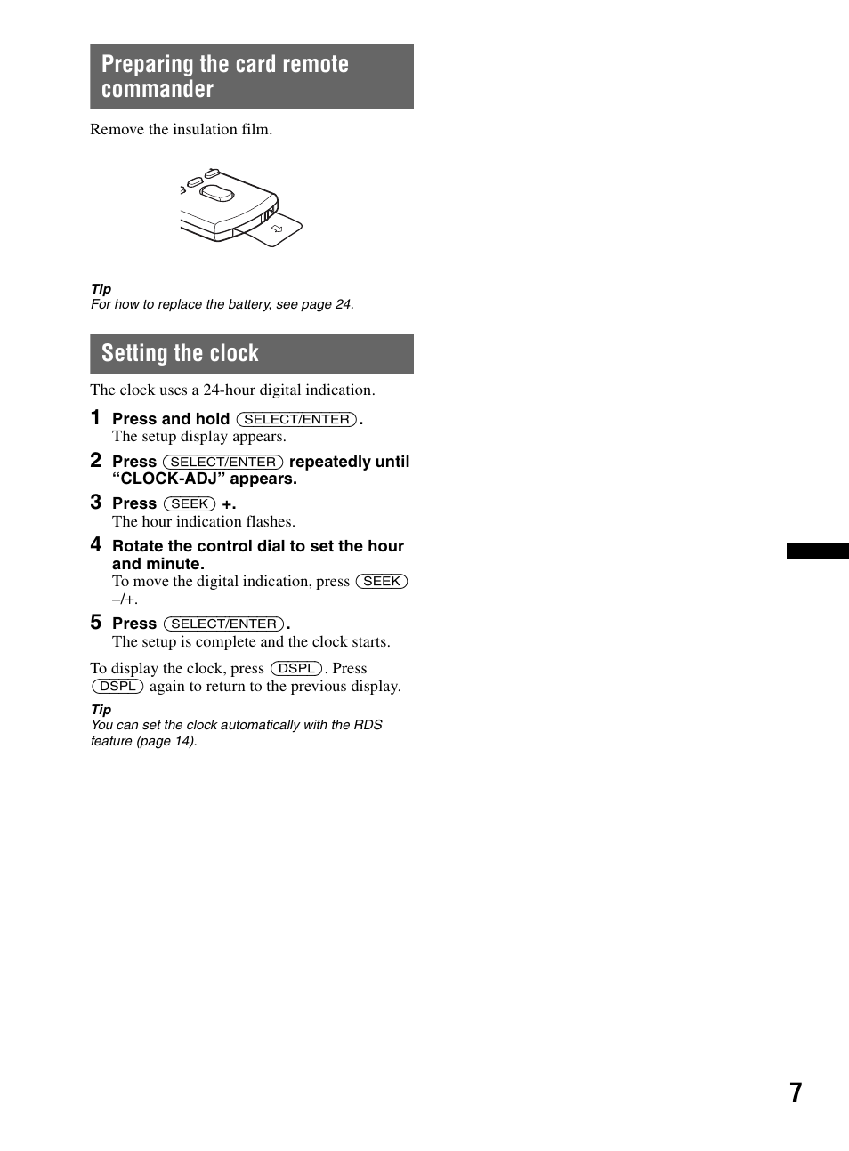 Preparing the card remote commander, Setting the clock | Sony CDX-HR910UI User Manual | Page 7 / 168