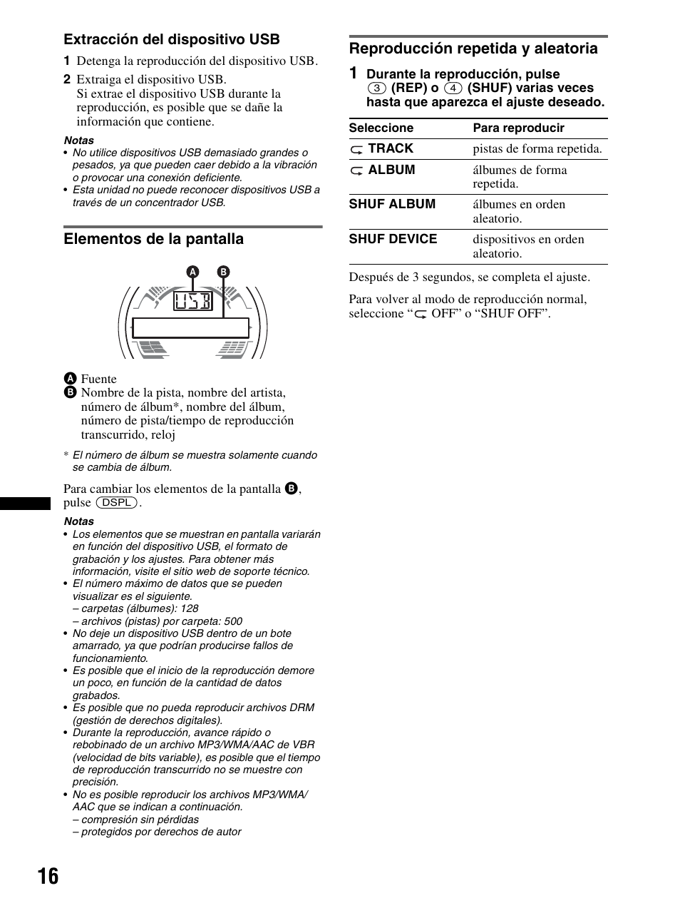 Elementos de la pantalla, Reproducción repetida y aleatoria | Sony CDX-HR910UI User Manual | Page 70 / 168