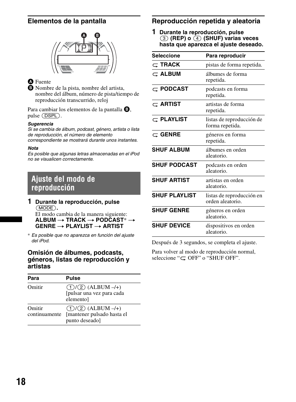 Elementos de la pantalla, Ajuste del modo de reproducción, Reproducción repetida y aleatoria | Sony CDX-HR910UI User Manual | Page 72 / 168