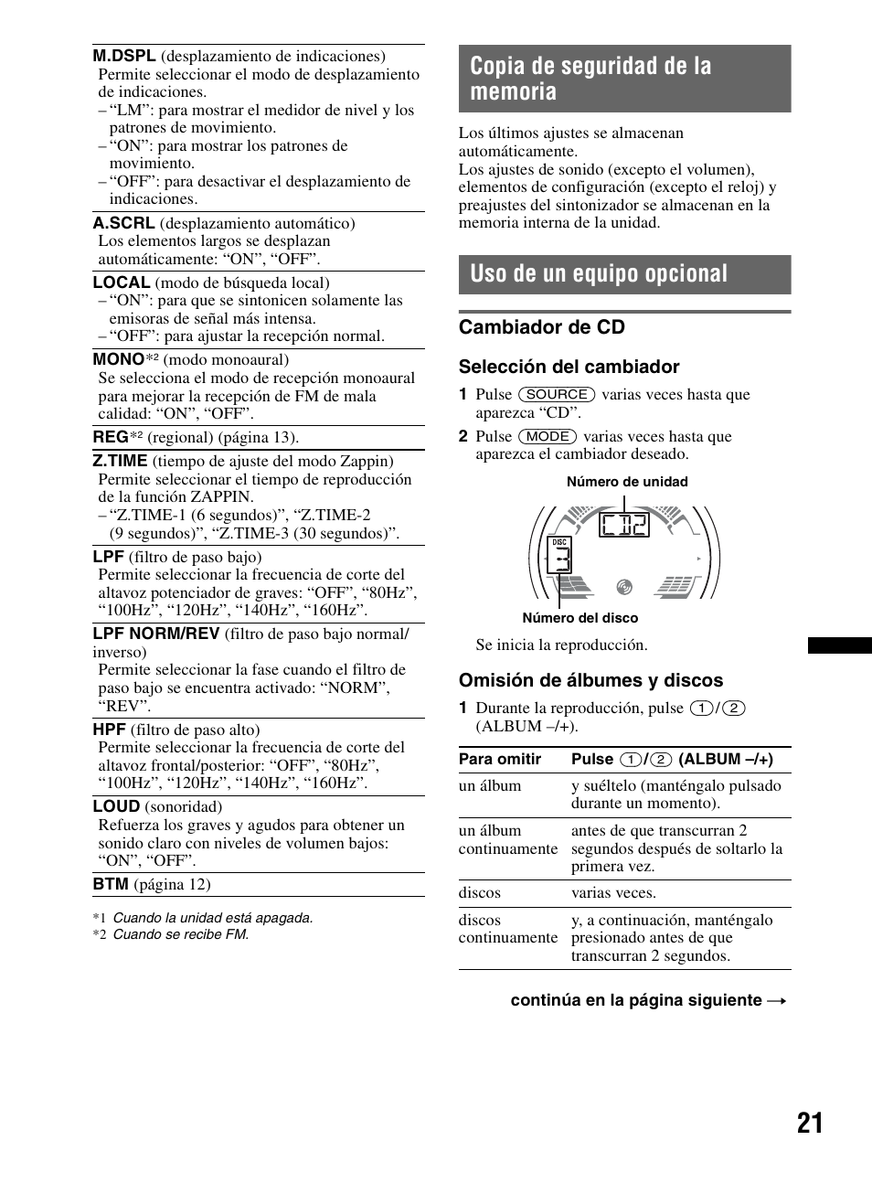 Copia de seguridad de la memoria, Uso de un equipo opcional, Cambiador de cd | Sony CDX-HR910UI User Manual | Page 75 / 168