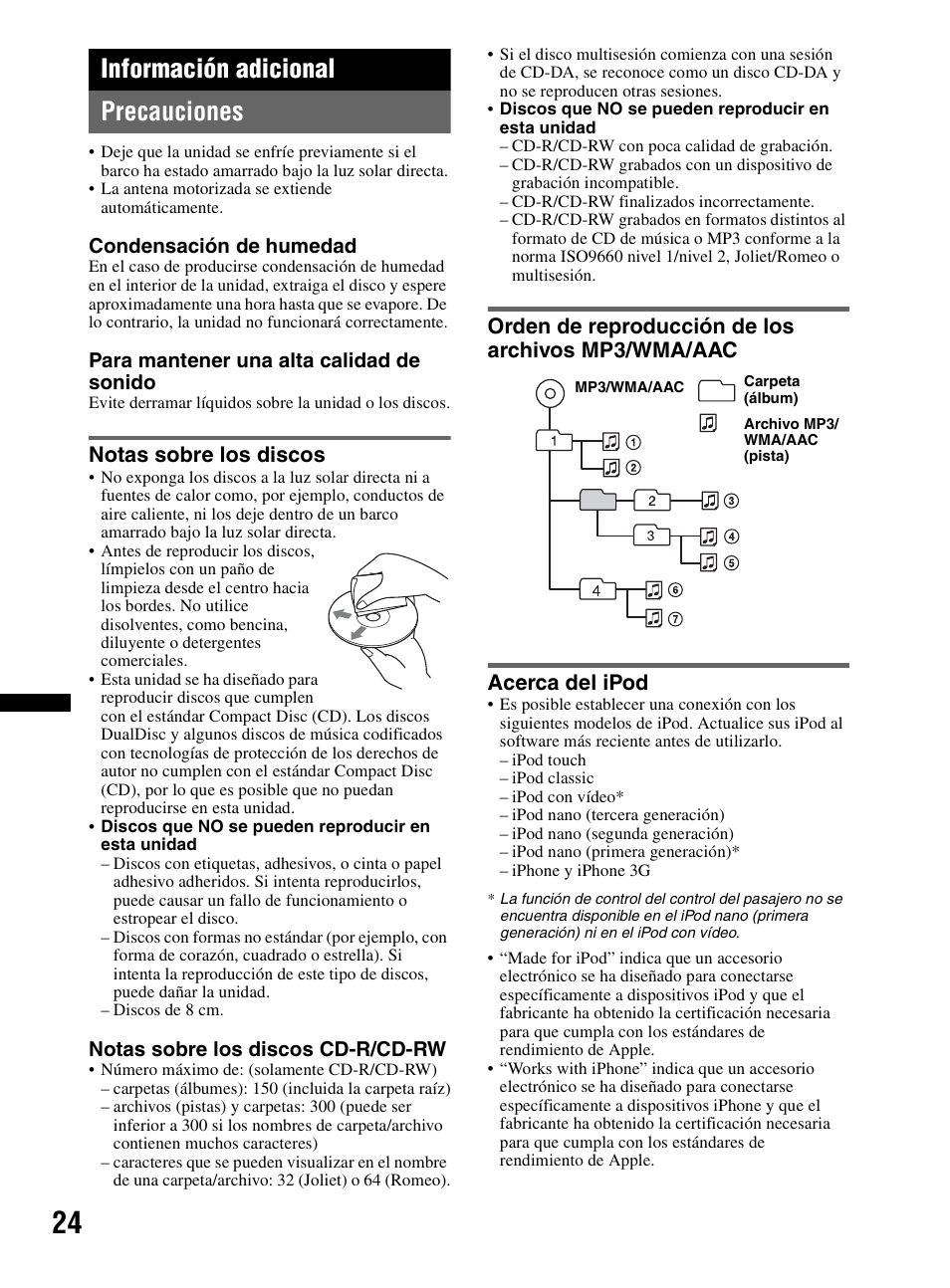 Información adicional, Precauciones, Notas sobre los discos | Orden de reproducción de los archivos mp3/wma/aac, Acerca del ipod, Información adicional precauciones | Sony CDX-HR910UI User Manual | Page 78 / 168