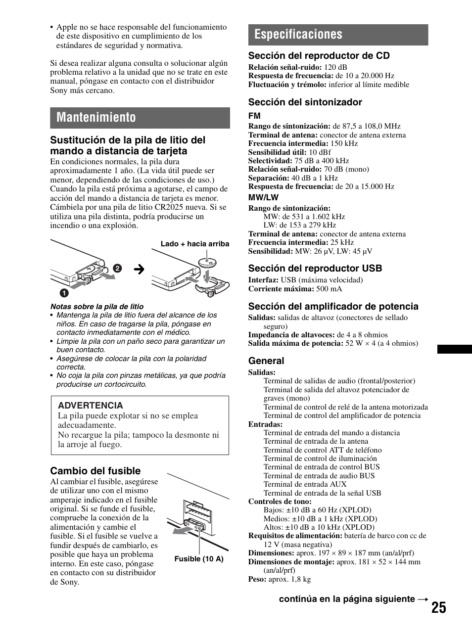 Mantenimiento, Especificaciones, Mantenimiento especificaciones | Sony CDX-HR910UI User Manual | Page 79 / 168