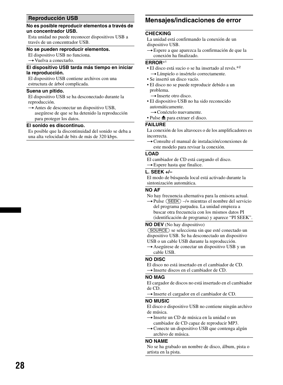 Mensajes/indicaciones de error | Sony CDX-HR910UI User Manual | Page 82 / 168