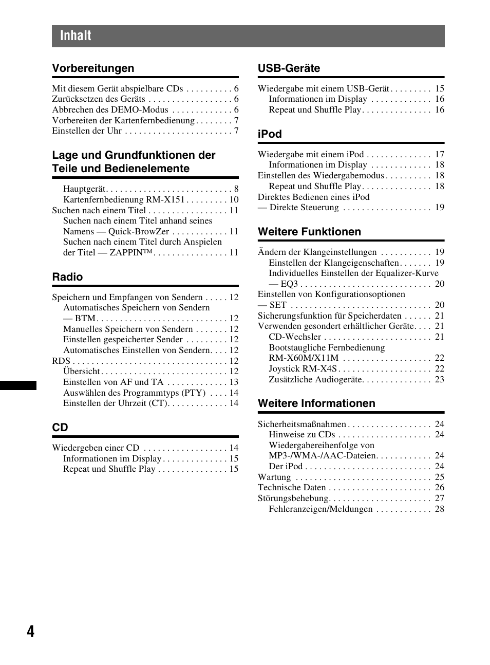 Inhalt | Sony CDX-HR910UI User Manual | Page 86 / 168