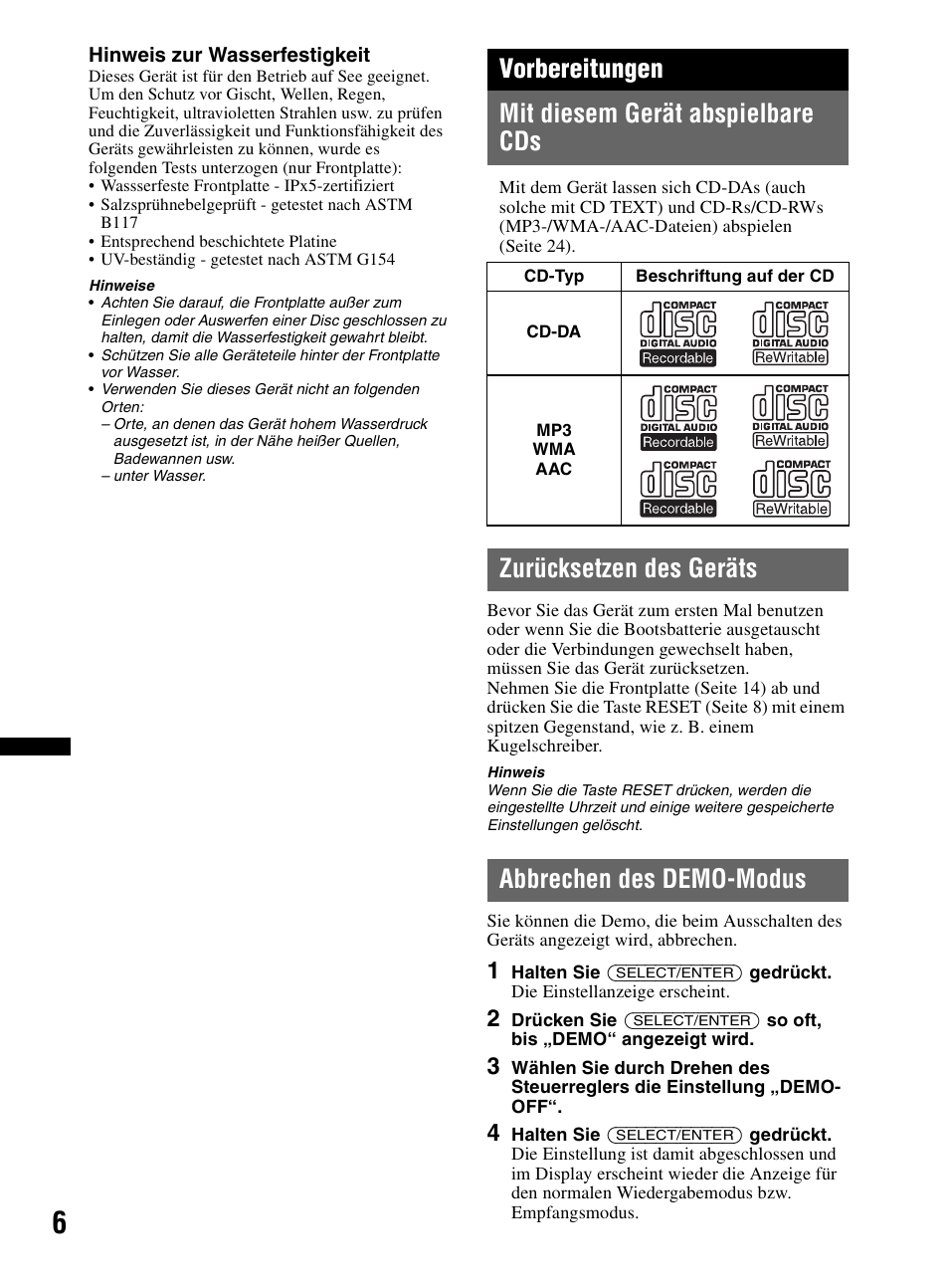 Vorbereitungen, Mit diesem gerät abspielbare cds, Zurücksetzen des geräts | Abbrechen des demo-modus, Seite 6, Vorbereitungen mit diesem gerät abspielbare cds | Sony CDX-HR910UI User Manual | Page 88 / 168