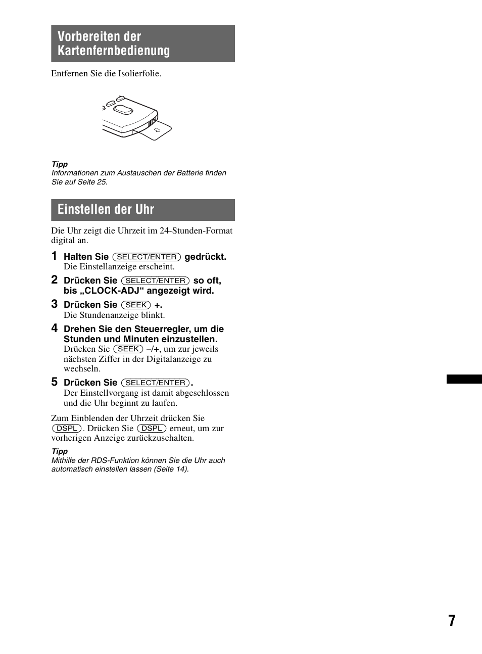 Vorbereiten der kartenfernbedienung, Einstellen der uhr | Sony CDX-HR910UI User Manual | Page 89 / 168