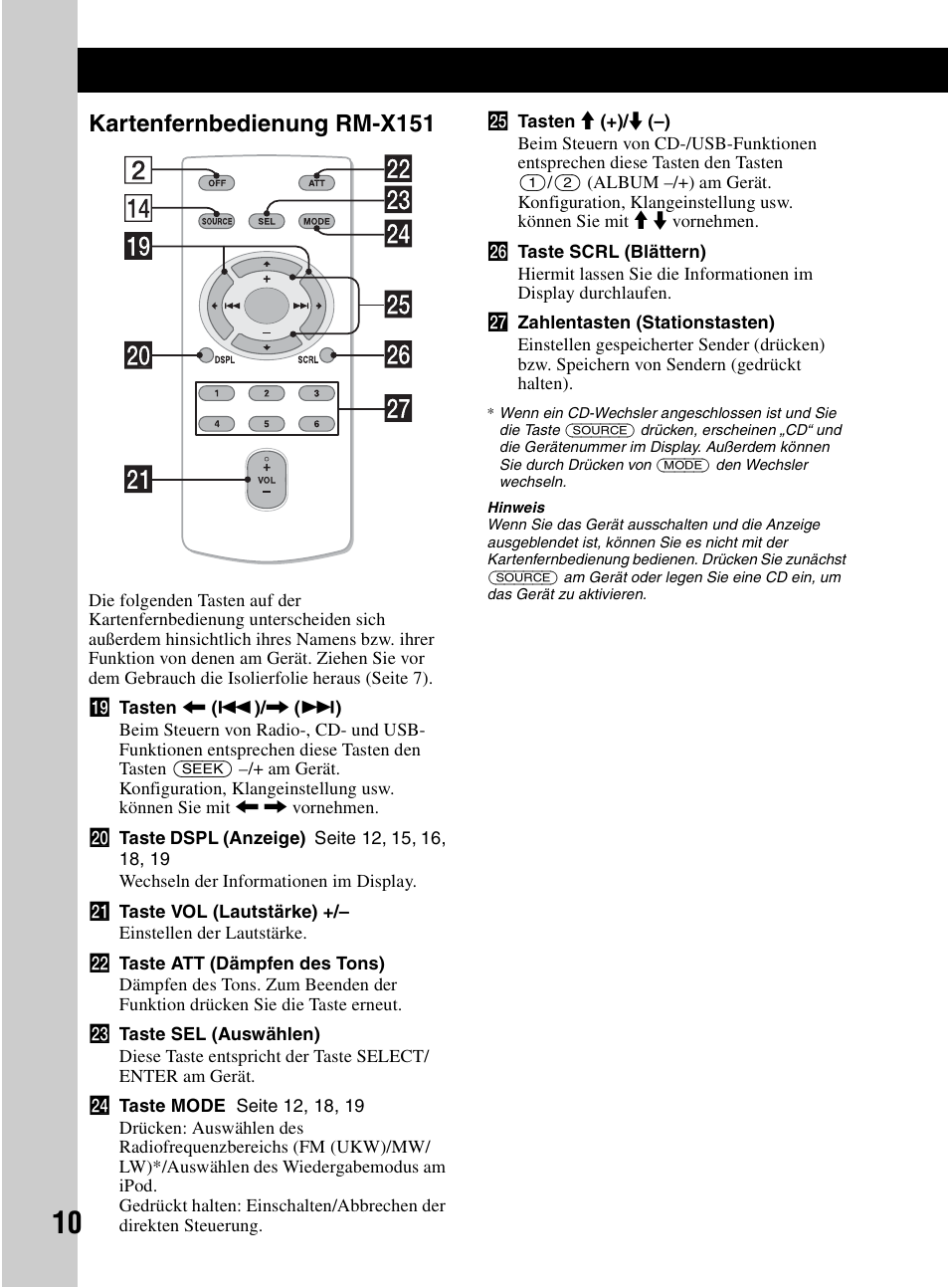 Kartenfernbedienung rm-x151 | Sony CDX-HR910UI User Manual | Page 92 / 168