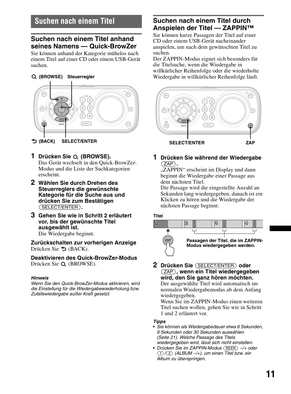 Suchen nach einem titel, Seite 11, Browse) steuerregler (back) select/enter | Zap select/enter | Sony CDX-HR910UI User Manual | Page 93 / 168