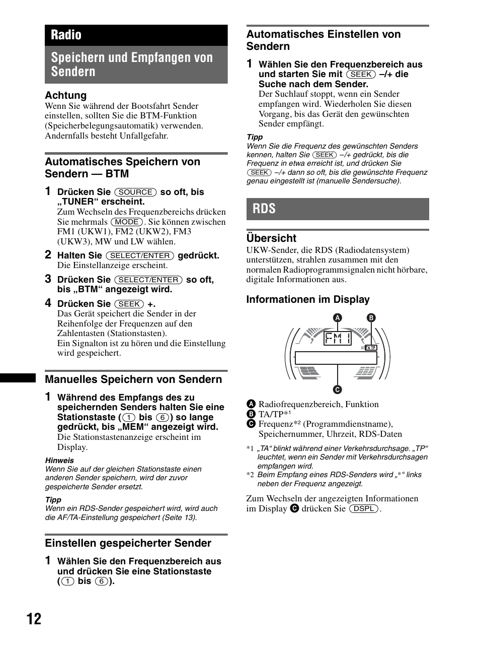 Radio, Speichern und empfangen von sendern, Automatisches speichern von sendern - btm | Manuelles speichern von sendern, Einstellen gespeicherter sender, Automatisches einstellen von sendern, Übersicht, Seite 12, Radio speichern und empfangen von sendern | Sony CDX-HR910UI User Manual | Page 94 / 168