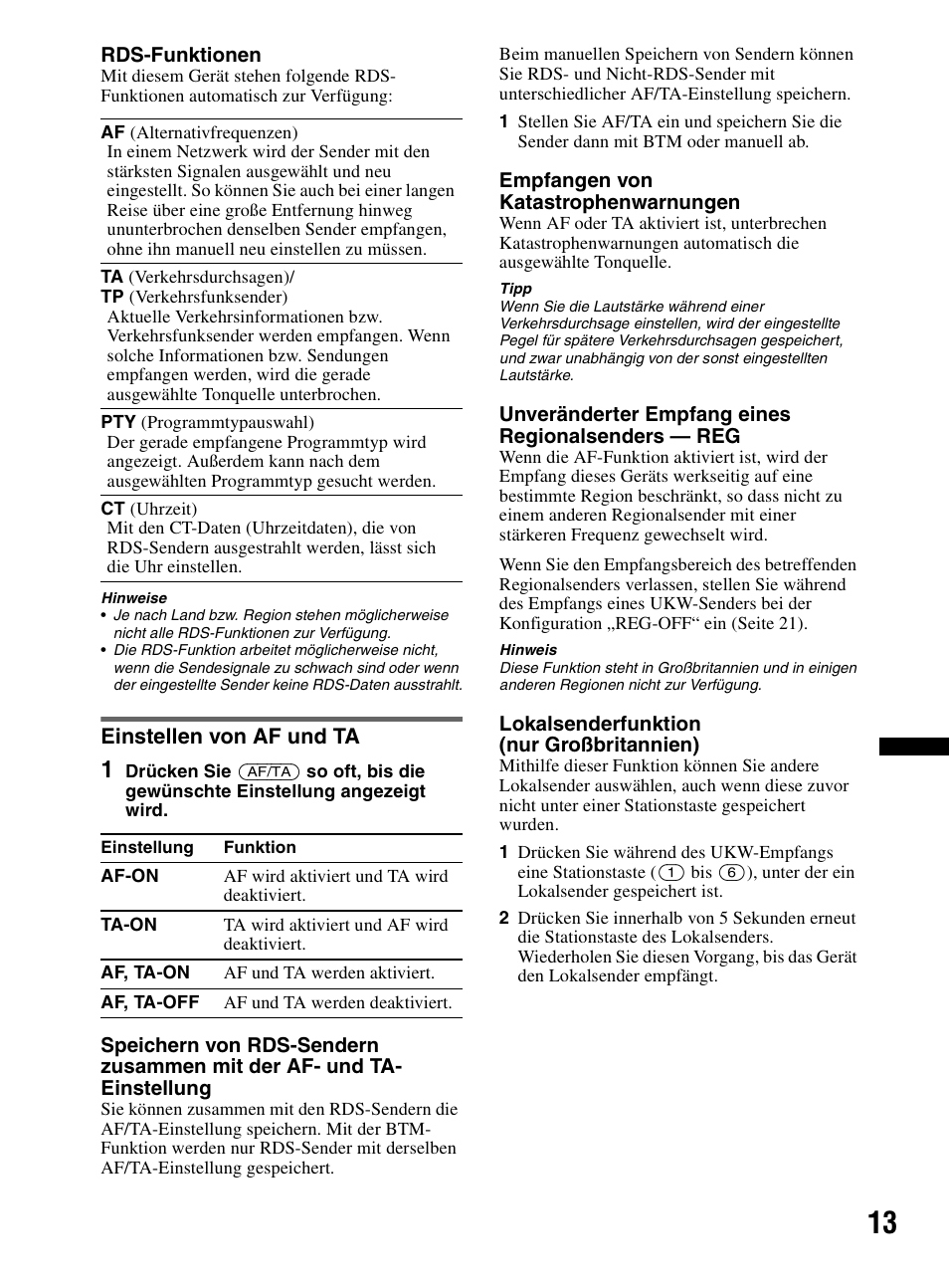 Einstellen von af und ta, Seite 13 | Sony CDX-HR910UI User Manual | Page 95 / 168