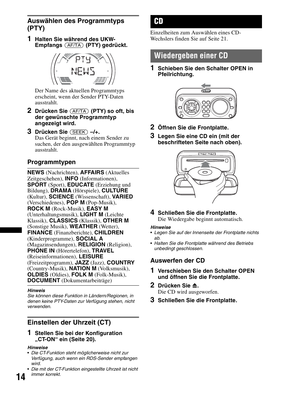 Auswählen des programmtyps (pty), Einstellen der uhrzeit (ct), Wiedergeben einer cd | Seite 14 | Sony CDX-HR910UI User Manual | Page 96 / 168