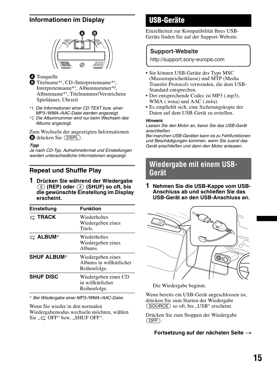 Informationen im display, Repeat und shuffle play, Usb-geräte | Wiedergabe mit einem usb- gerät, Informationen im display repeat und shuffle play, Wiedergabe mit einem usb-gerät, Ep seite 15, Seite 15 | Sony CDX-HR910UI User Manual | Page 97 / 168