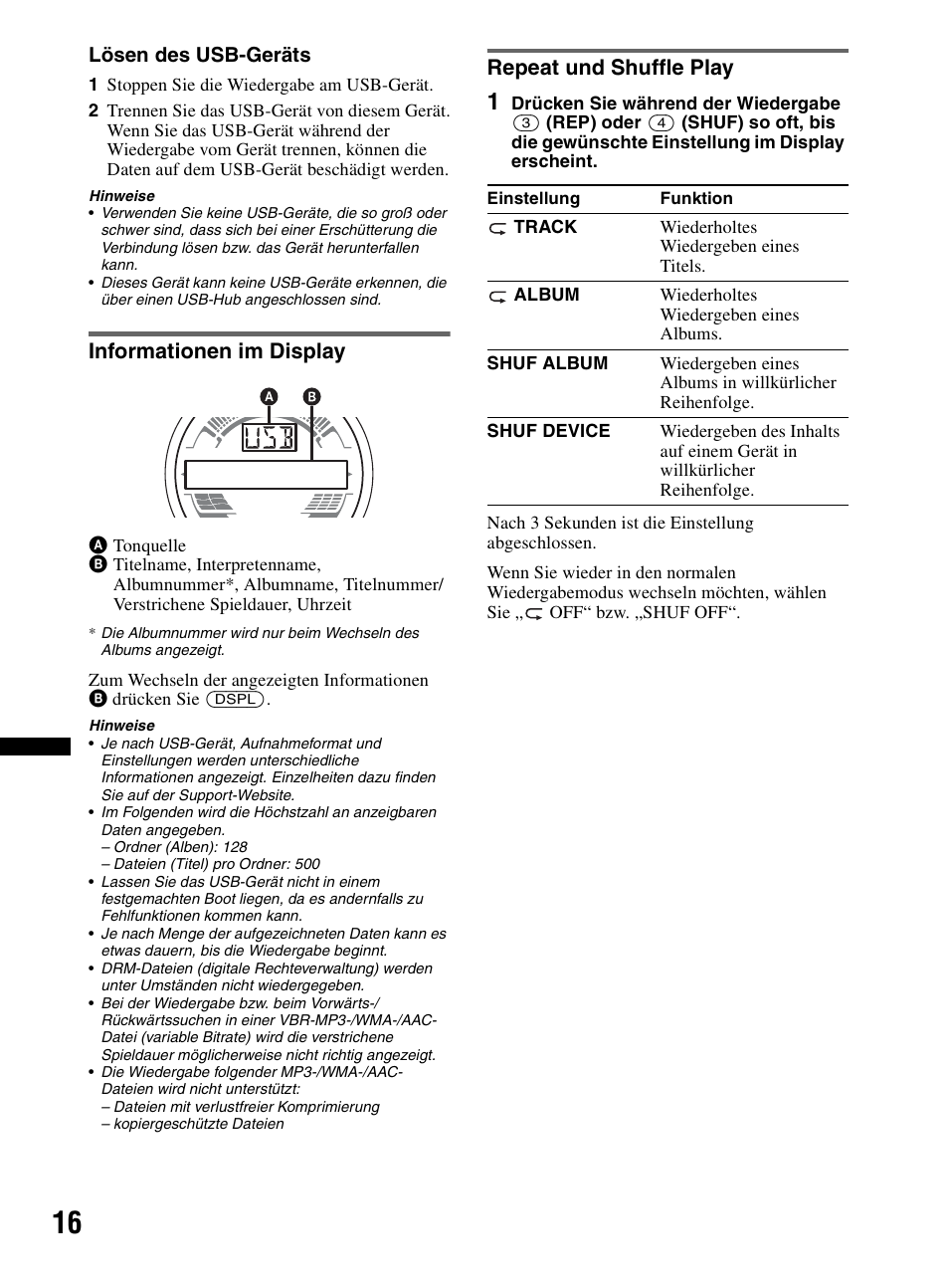 Informationen im display, Repeat und shuffle play, Informationen im display repeat und shuffle play | Sony CDX-HR910UI User Manual | Page 98 / 168