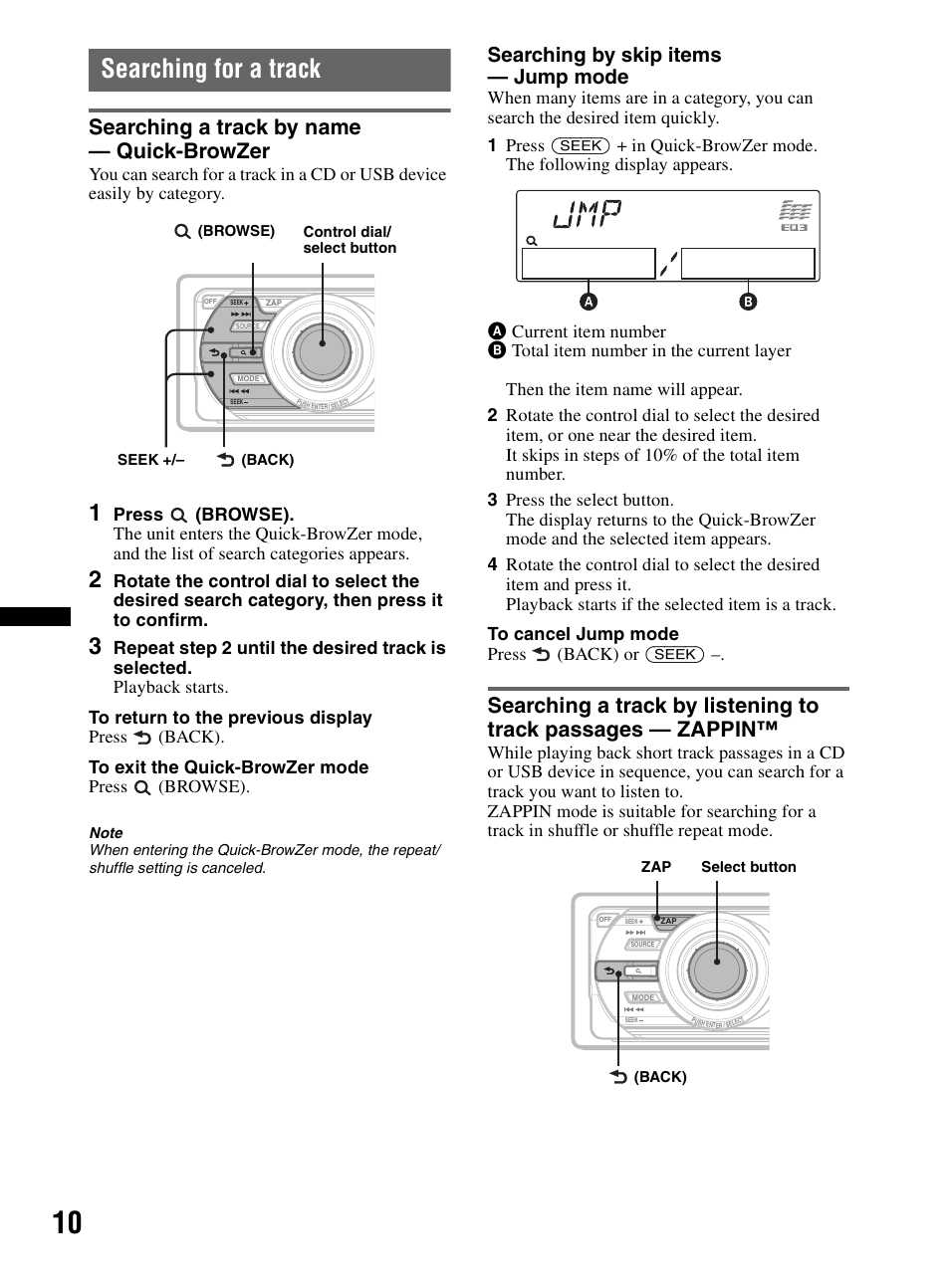 Searching for a track, Searching a track by name - quick-browzer, Searching a track by name — quick-browzer | Searching by skip items — jump mode | Sony CDX-MR60UI User Manual | Page 10 / 172