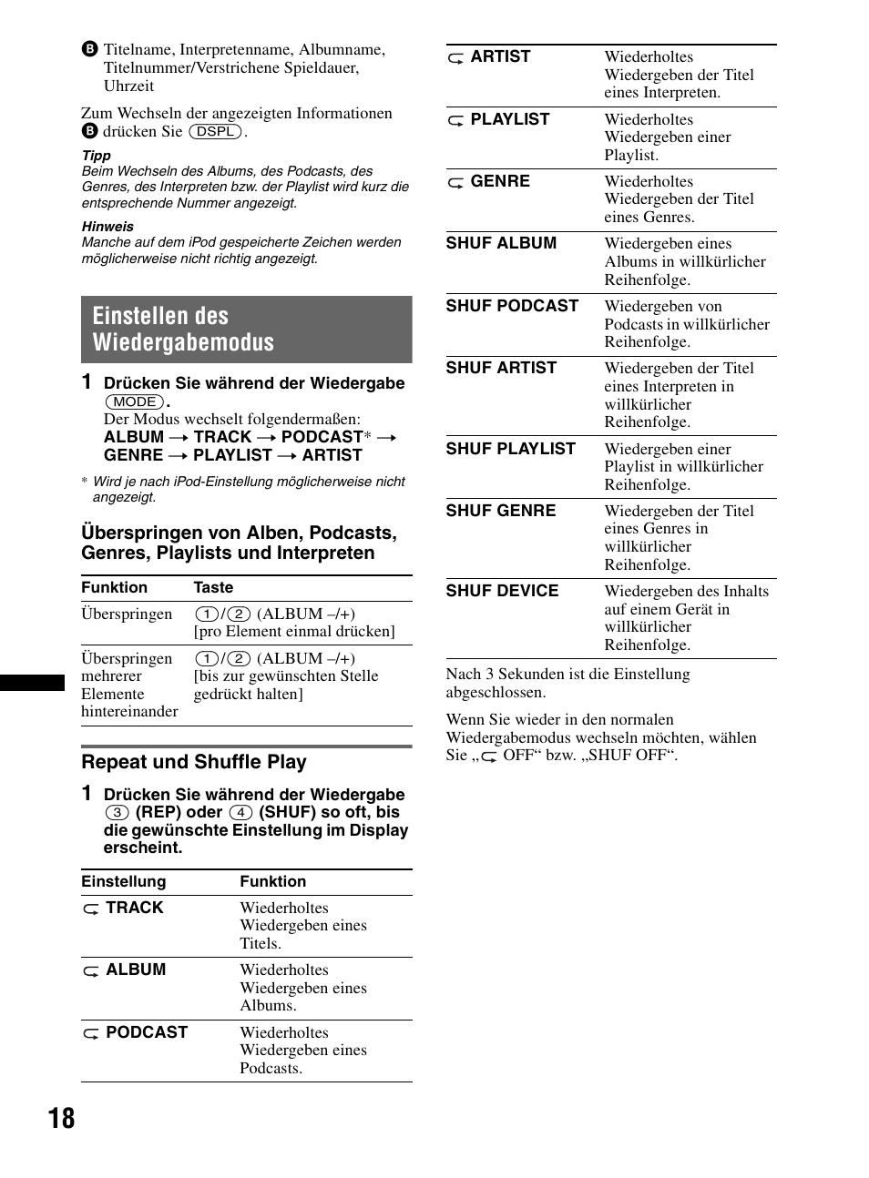 Einstellen des wiedergabemodus, Repeat und shuffle play | Sony CDX-MR60UI User Manual | Page 100 / 172