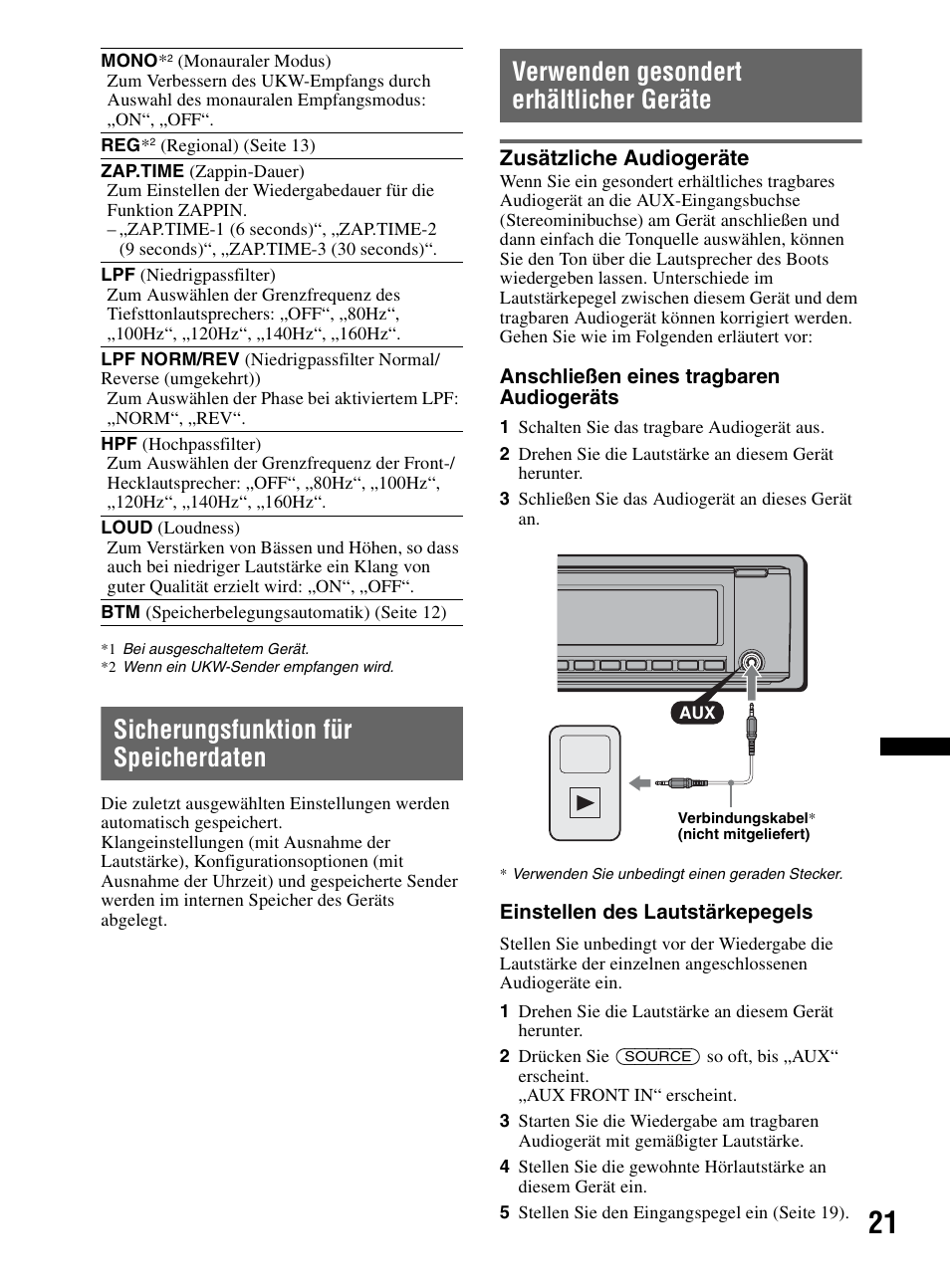 Sicherungsfunktion für speicherdaten, Verwenden gesondert erhältlicher geräte, Zusätzliche audiogeräte | Seite 21 | Sony CDX-MR60UI User Manual | Page 103 / 172