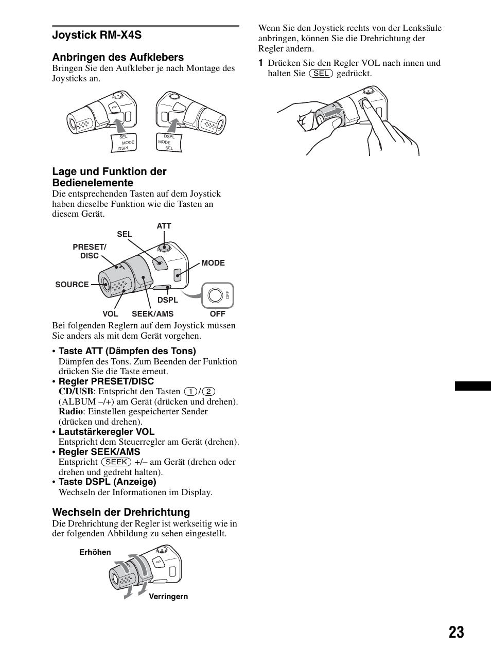 Joystick rm-x4s, Anbringen des aufklebers, Lage und funktion der bedienelemente | Wechseln der drehrichtung | Sony CDX-MR60UI User Manual | Page 105 / 172