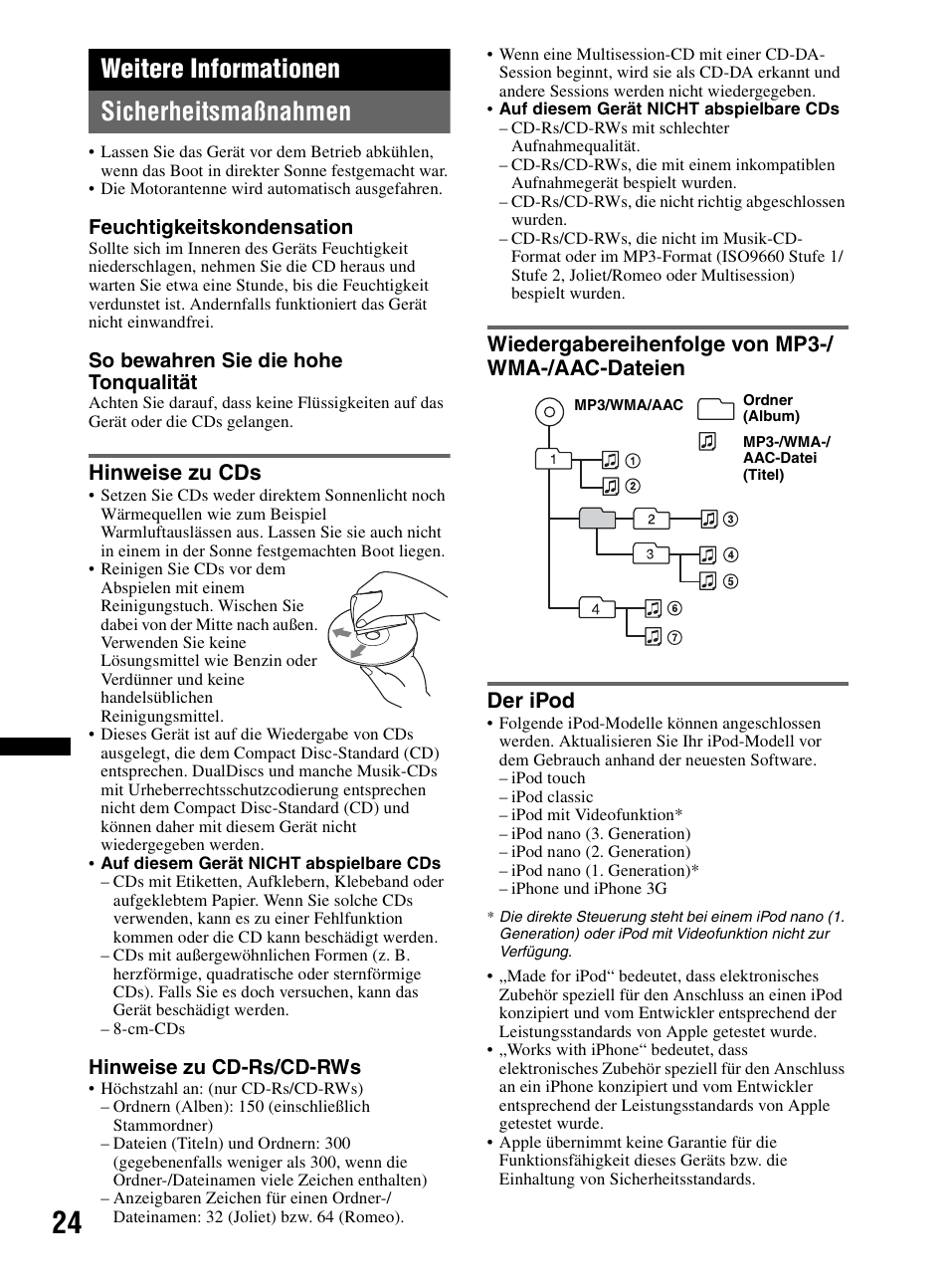 Weitere informationen, Sicherheitsmaßnahmen, Hinweise zu cds | Wiedergabereihenfolge von mp3-/ wma-/aac-dateien, Der ipod, Seite 24), Weitere informationen sicherheitsmaßnahmen | Sony CDX-MR60UI User Manual | Page 106 / 172