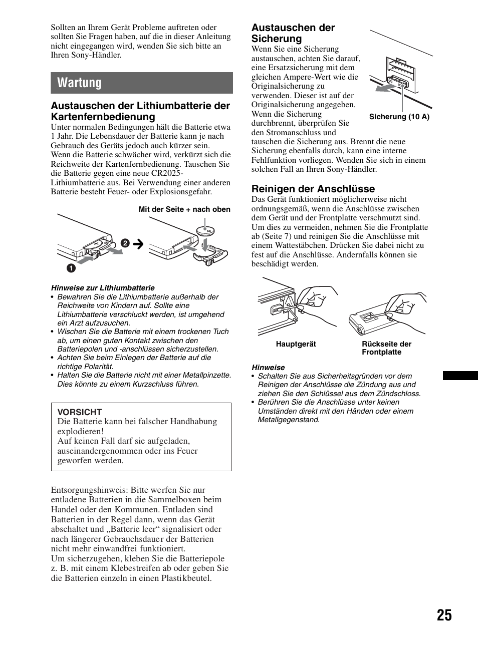 Wartung, F seite 25 | Sony CDX-MR60UI User Manual | Page 107 / 172