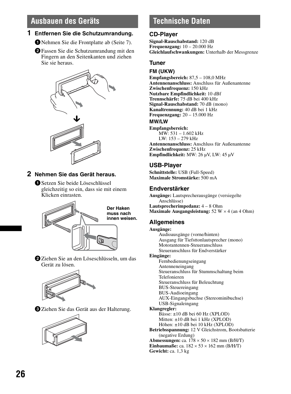 Ausbauen des geräts, Technische daten, Ausbauen des geräts technische daten | Sony CDX-MR60UI User Manual | Page 108 / 172