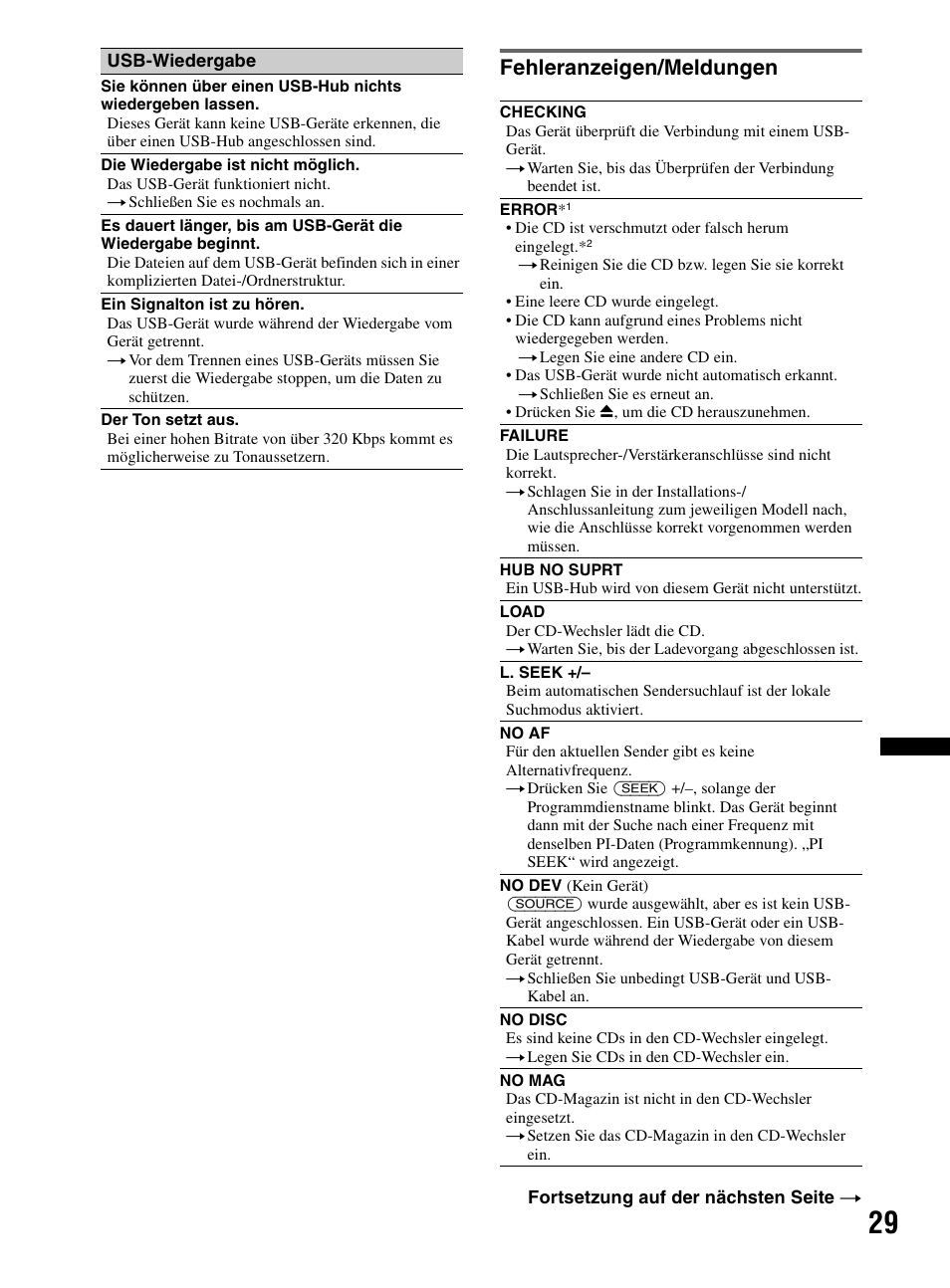 Fehleranzeigen/meldungen | Sony CDX-MR60UI User Manual | Page 111 / 172