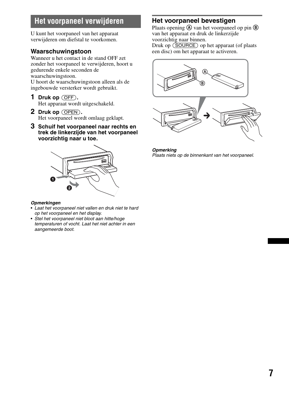 Het voorpaneel verwijderen, Het voorpaneel bevestigen | Sony CDX-MR60UI User Manual | Page 119 / 172