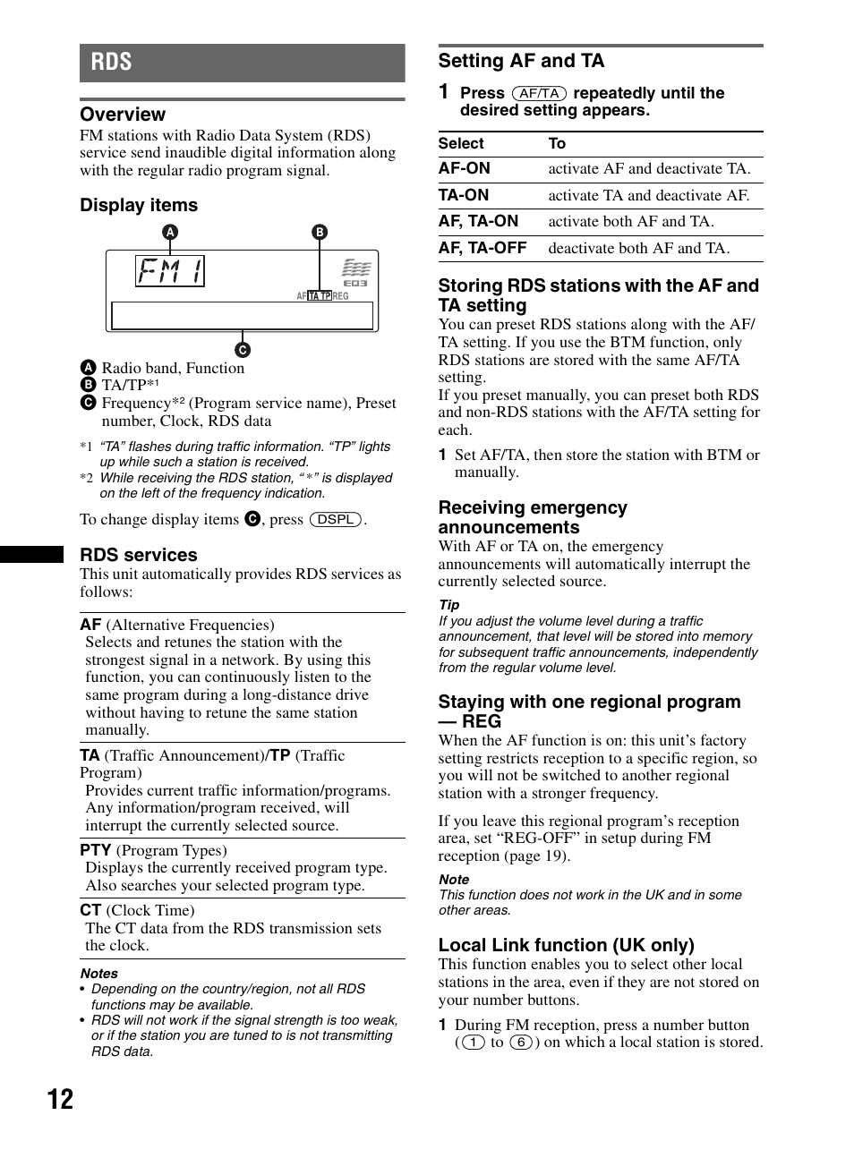 Overview, Setting af and ta, Overview setting af and ta | Sony CDX-MR60UI User Manual | Page 12 / 172