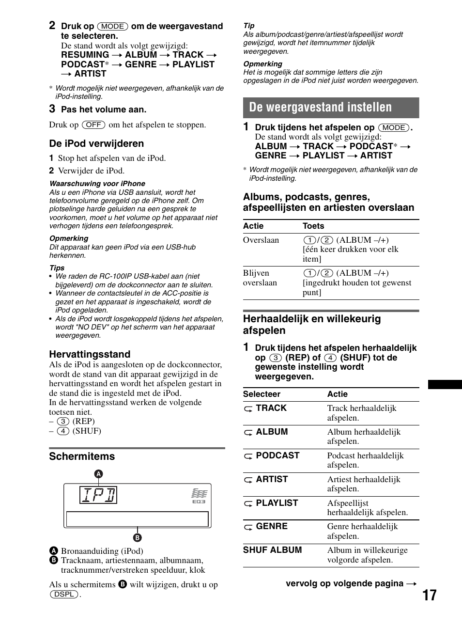 Schermitems, De weergavestand instellen, Herhaaldelijk en willekeurig afspelen | Sony CDX-MR60UI User Manual | Page 129 / 172